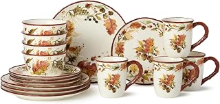 Autumn Meadows 16-Piece DINNERWARE SET, SERVICE for 4 — Complete harvest table artistry for four, uniting hand-painted botanicals, warm russet rims, and the golden glow of the season.