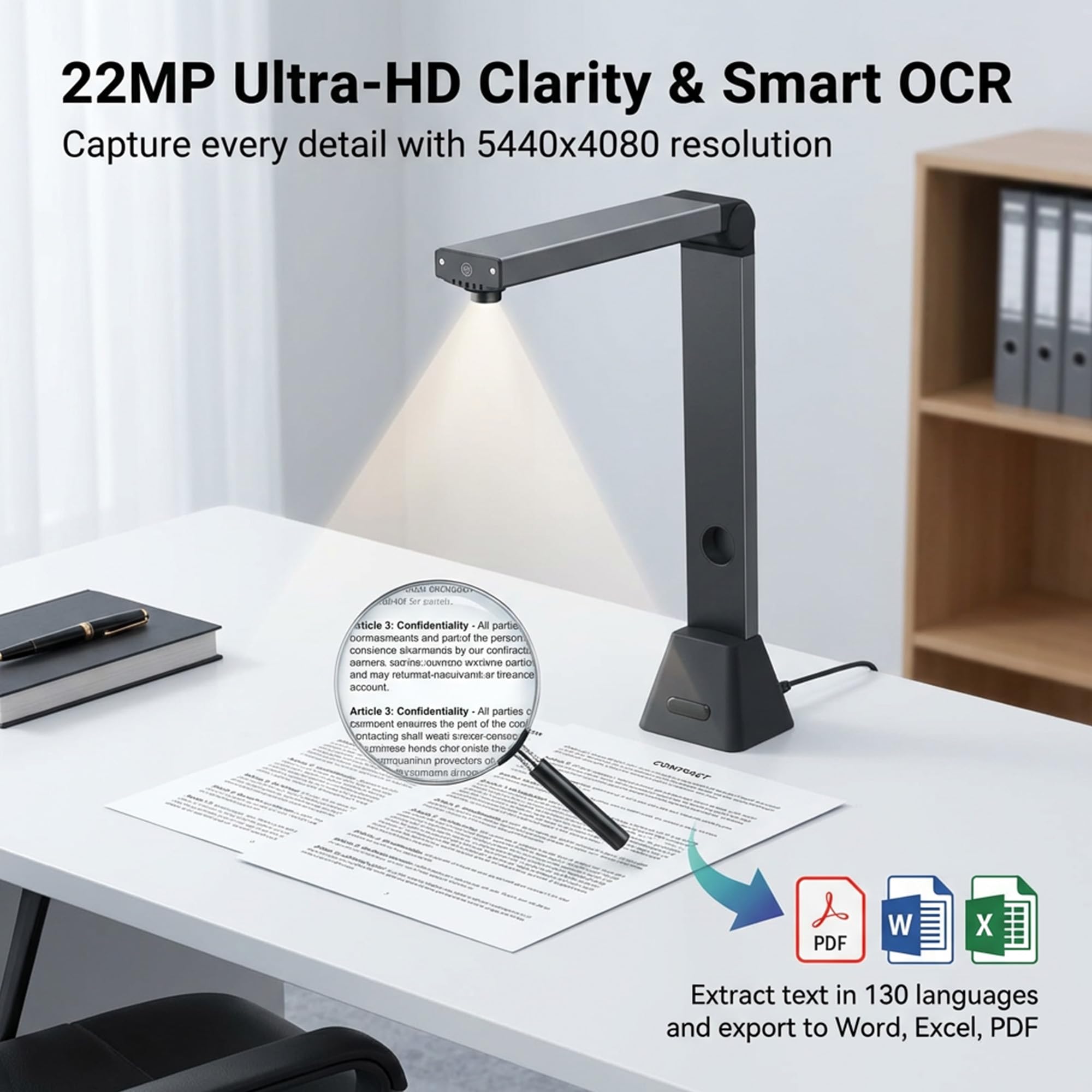 Scanner de Documents A3: 22 MP OCR 130 Langues Caméra Document USB 4 LED Scanner Livre pour Bureau École Archives Home Office