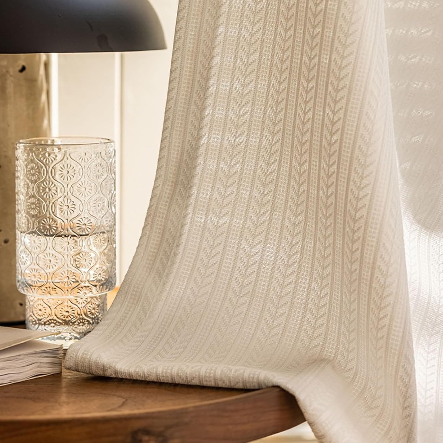 Daesar Bedroom Curtains 2 Panel Sets 96 Inch Length, Hooks Transparent Curtains Solid Color Leaves Striped Pattern Window Voile Panels/Drapes/Treatment for Living Room, 40x96 Inch Beige White