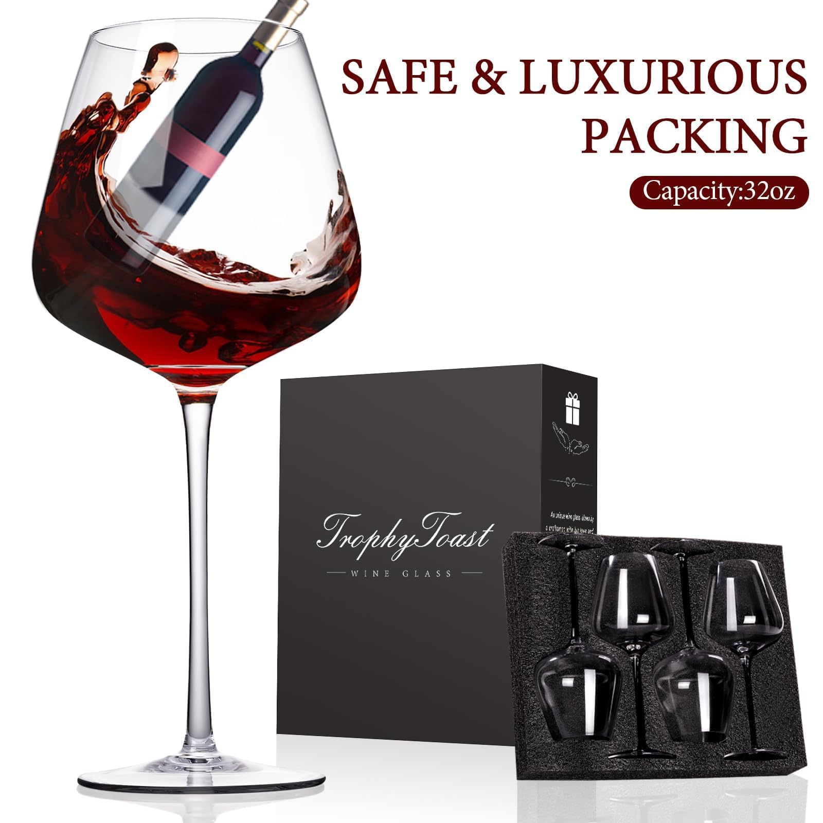 Juego de 4 copas de vino excelentes de 32 onzas y cuenco ancho de gran capacidad, copas de vino tinto transparentes y puro 100% cristal de seguridad, copas de vino blanco sopladas a mano