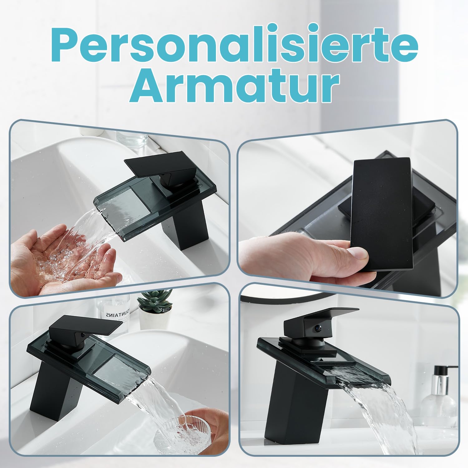 Wasserhahn Bad,Wasserfall Armatur Badezimmer Glas,Schwarz | Einhebel-Mischbatterie,Edelstahl Waschbeckenarmatur