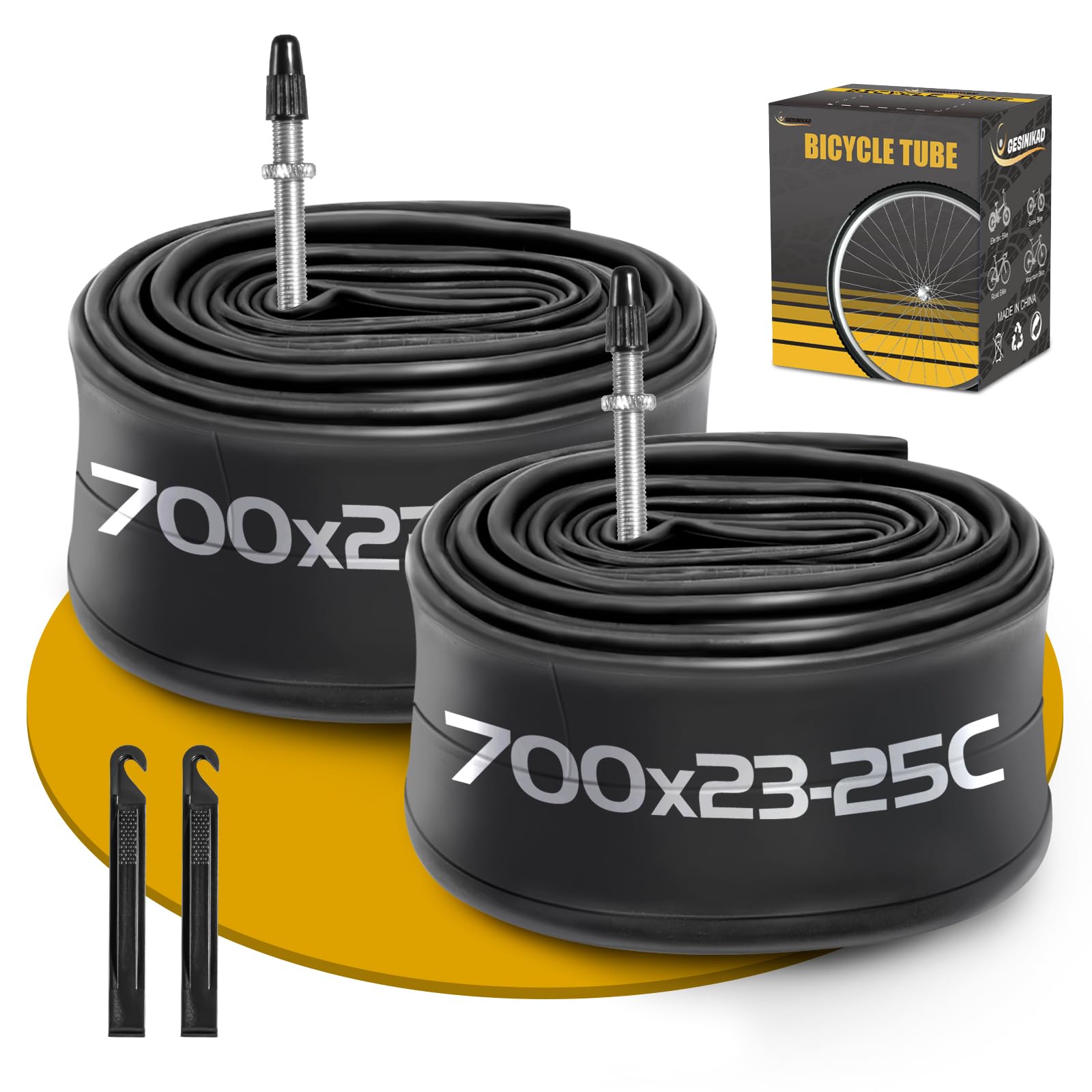2 Pack 700 x 23-25C Road Bike Tubes FV60mm Presta Valve, Bicycle Tube Compatible with 700 x 23C/24C/25C Bike Tire, Butyl Rubber Inner Tube with 2 Tire Levers for Road Bike