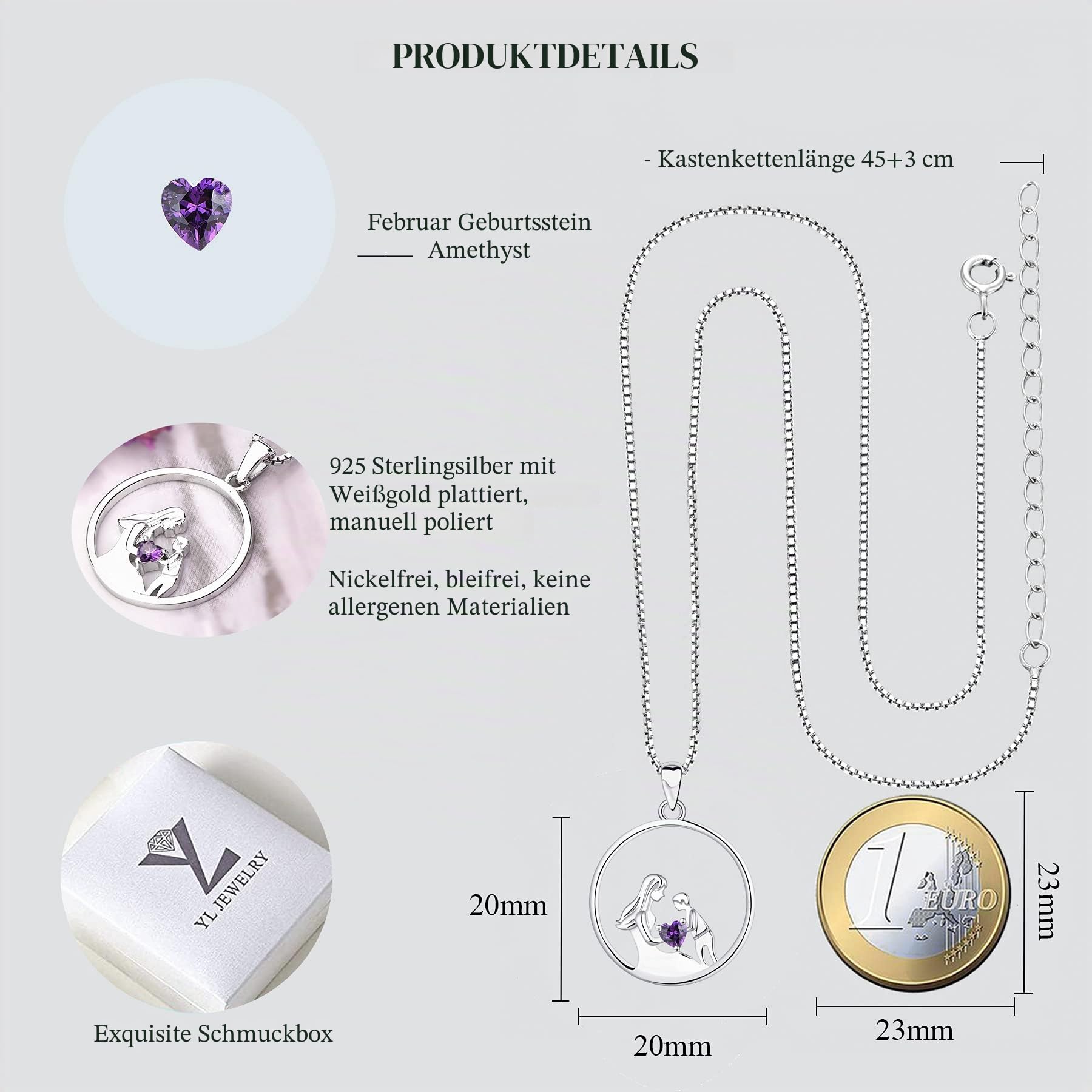 YL Mutter und Sohn Halskette 925 Sterling Silber 12 Geburtsstein Zirkonia Anhänger Halskette Geschenke für Mama Frauen, 45-48 CM