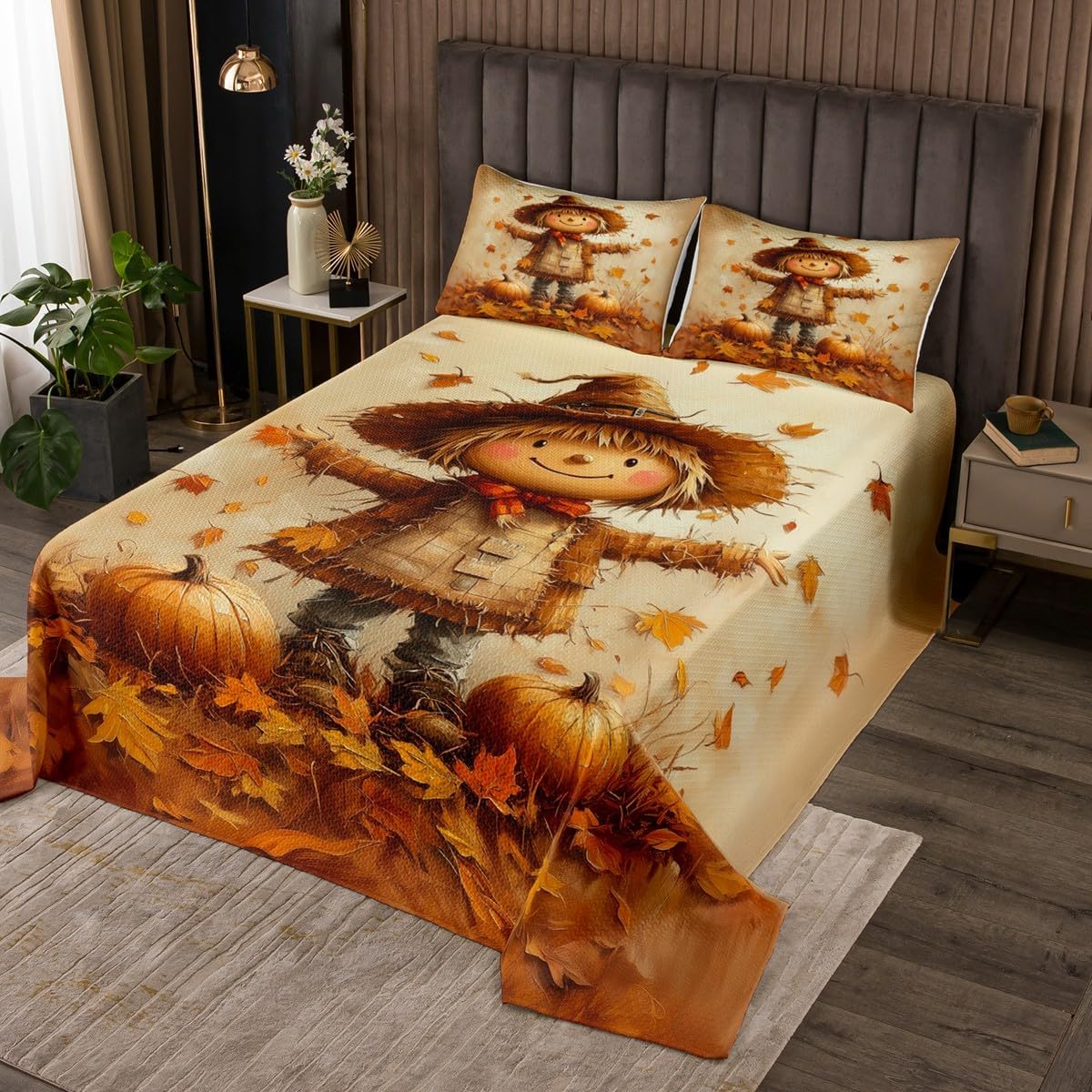 Erosebridal Autumn Farm Bedspread for Kids Boys Girls Scarecrow Fall Harvest Quilt Set Queen Pumpkin Maple Leaf Print Coverlet Set Brown Retro Bed Sets Room Decor