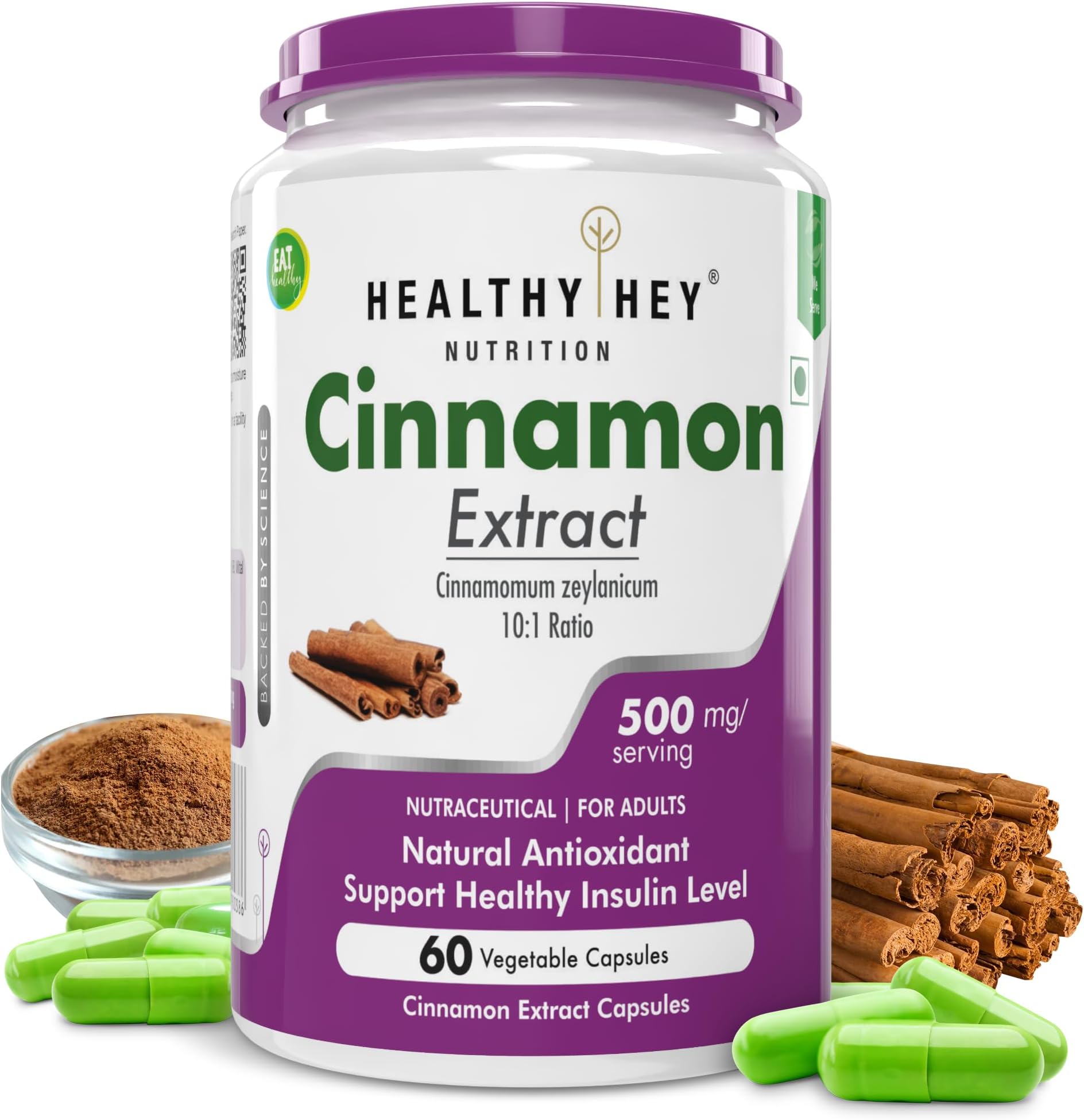 HealthyHey Nutrition Cinnamon Extract 10:1 Ratio - Support Healthy Glucose Levels -60 Veg. Capsules