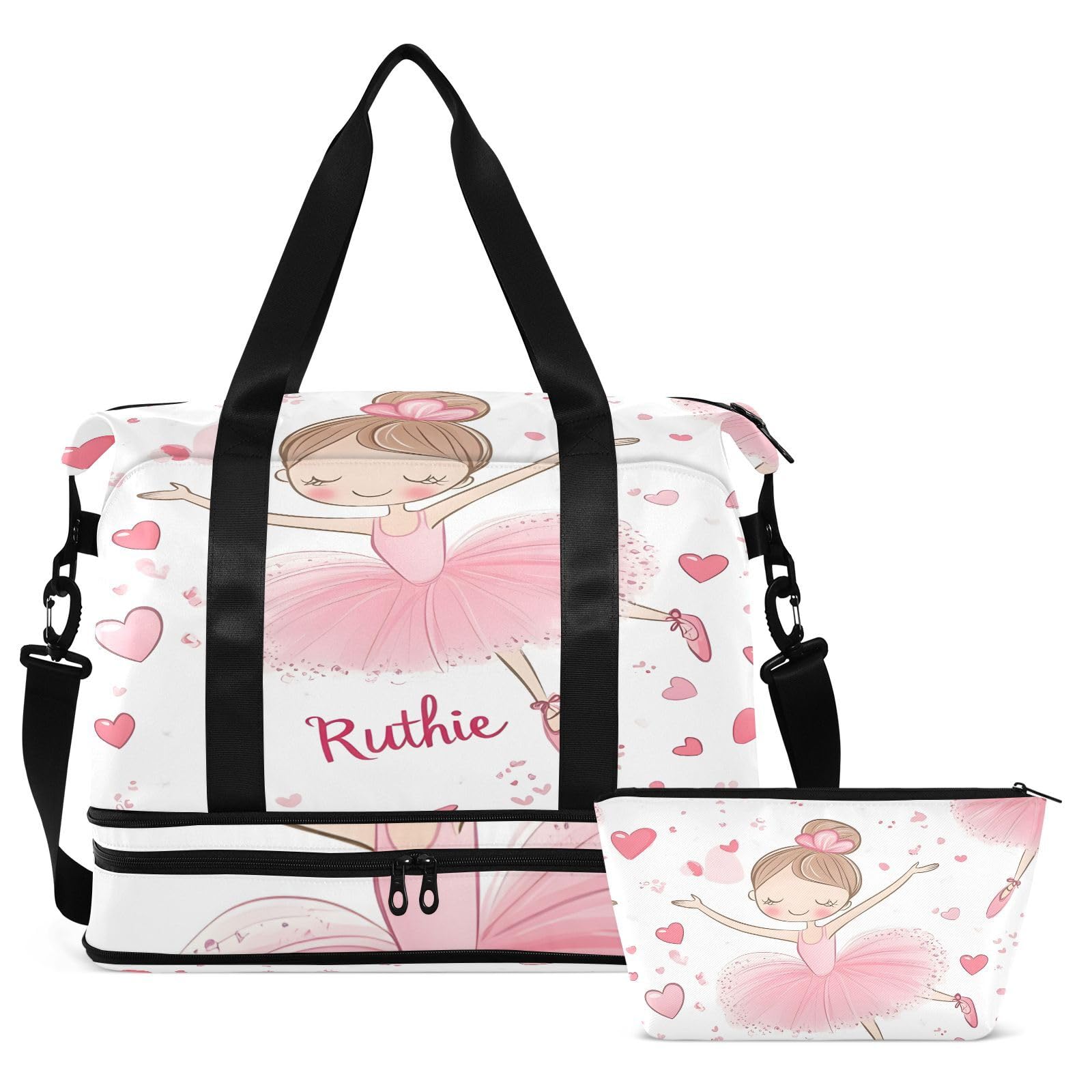 Wasserdichter Sport-Turnbeutel – niedliche Ballerina-Ballerina-Herz-Reisetasche mit großem Fassungsvermögen und Fach für trockene Nässe und Schuhaufbewahrung, Yoga, Schwimmen, Reisetasche
