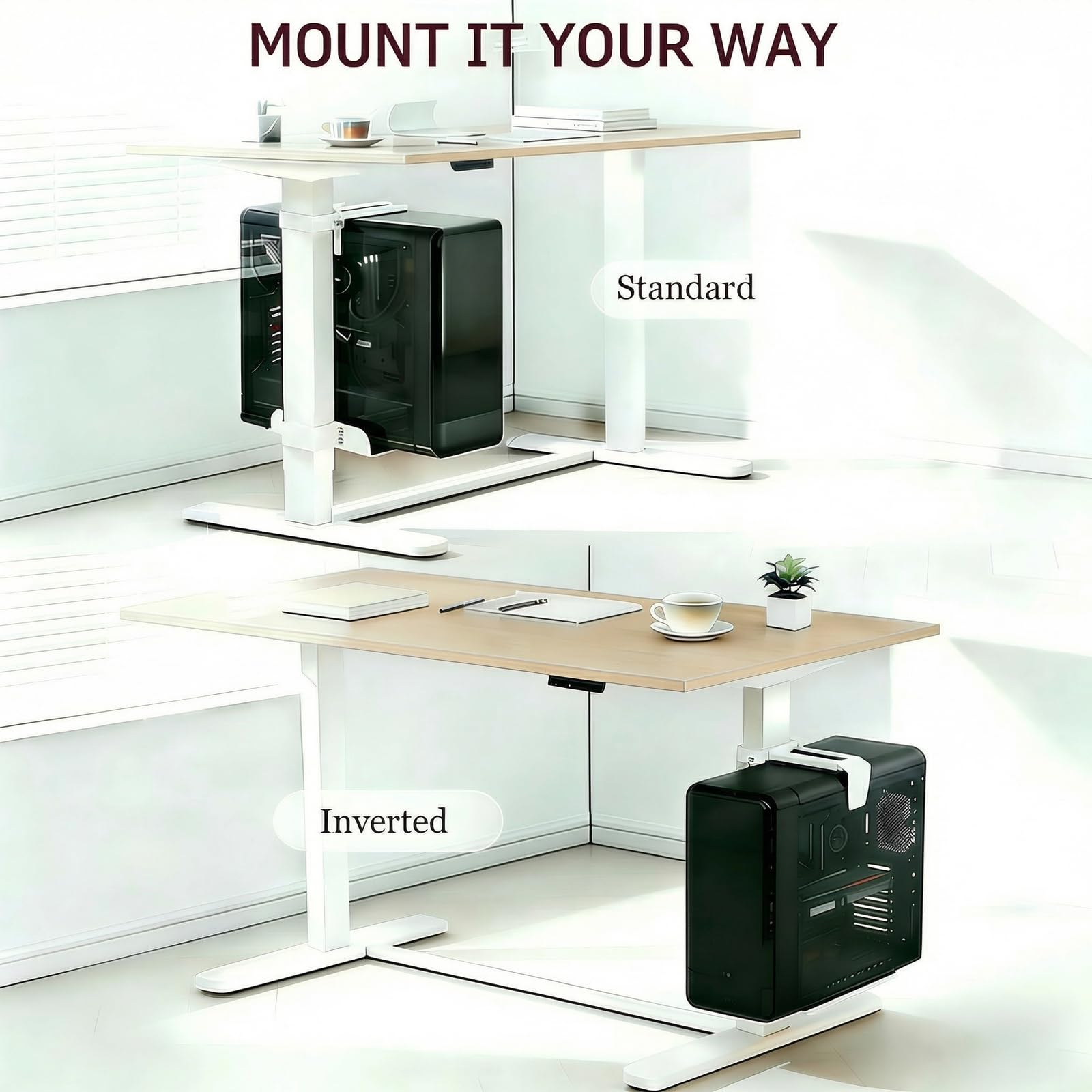 Verstellbare PC-Halterung unter dem Schreibtisch, Ohne Bohren, CPU-Halter für höhenverstellbare Schreibtische, Belastbar bis 18 kg (40 lbs), Nur für Tischbeine 80×50 mm (L×B), Einfache Montag (White)
