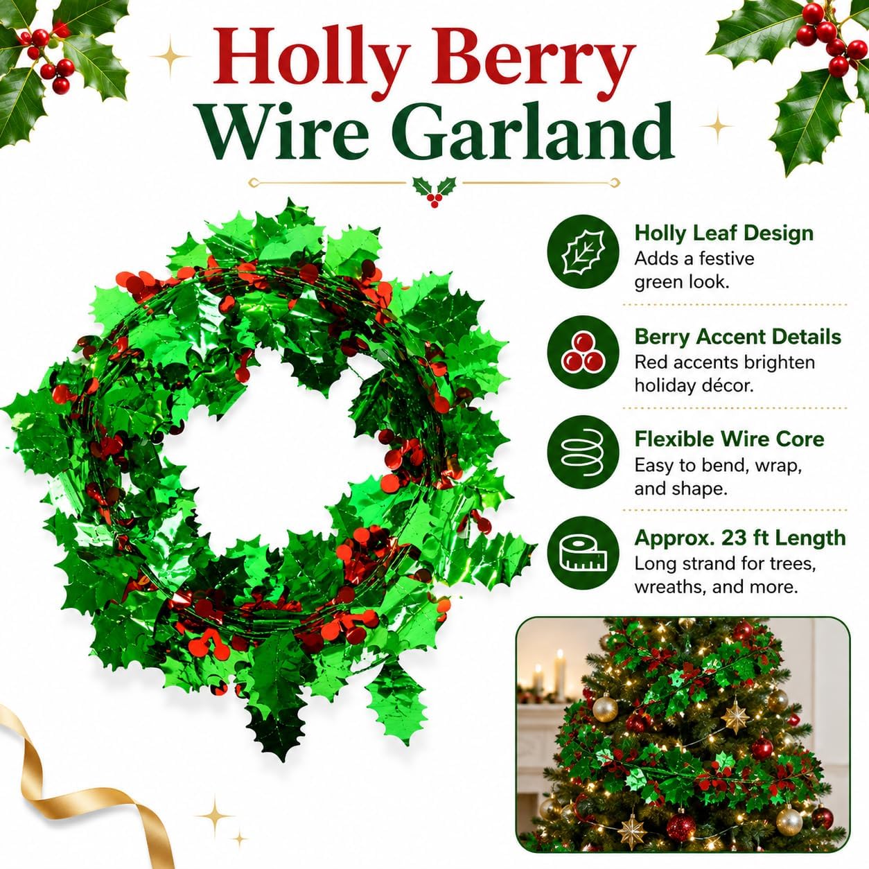 Berry Leaf Wire Garland 24.6 Ft, Christmas Tree Decoration Trim image 4