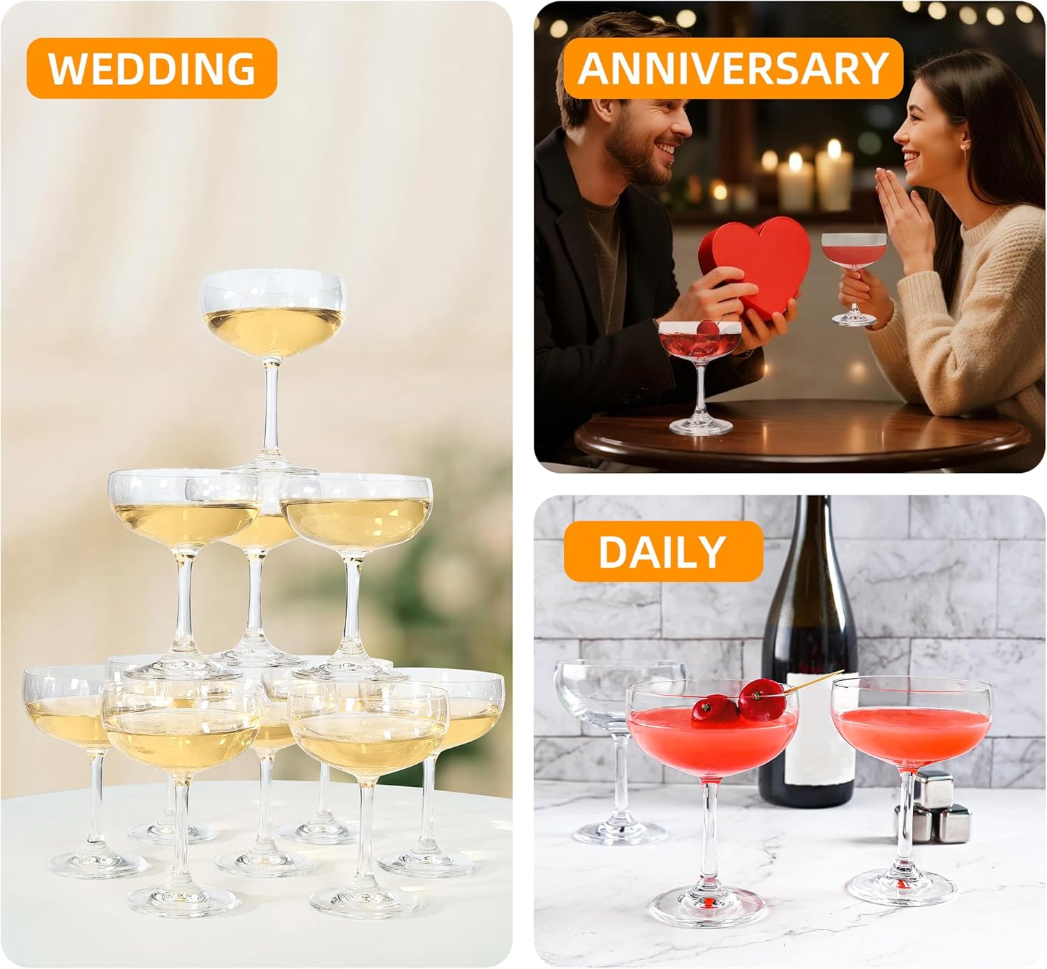 Set of 12 - Champagne Coupe Glasses, 7 Oz Clear Cut Rim Martini Glass with Short Stable Base, Ideal for Parties, Birthdays and Bars, Dishwasher safe - Image 5