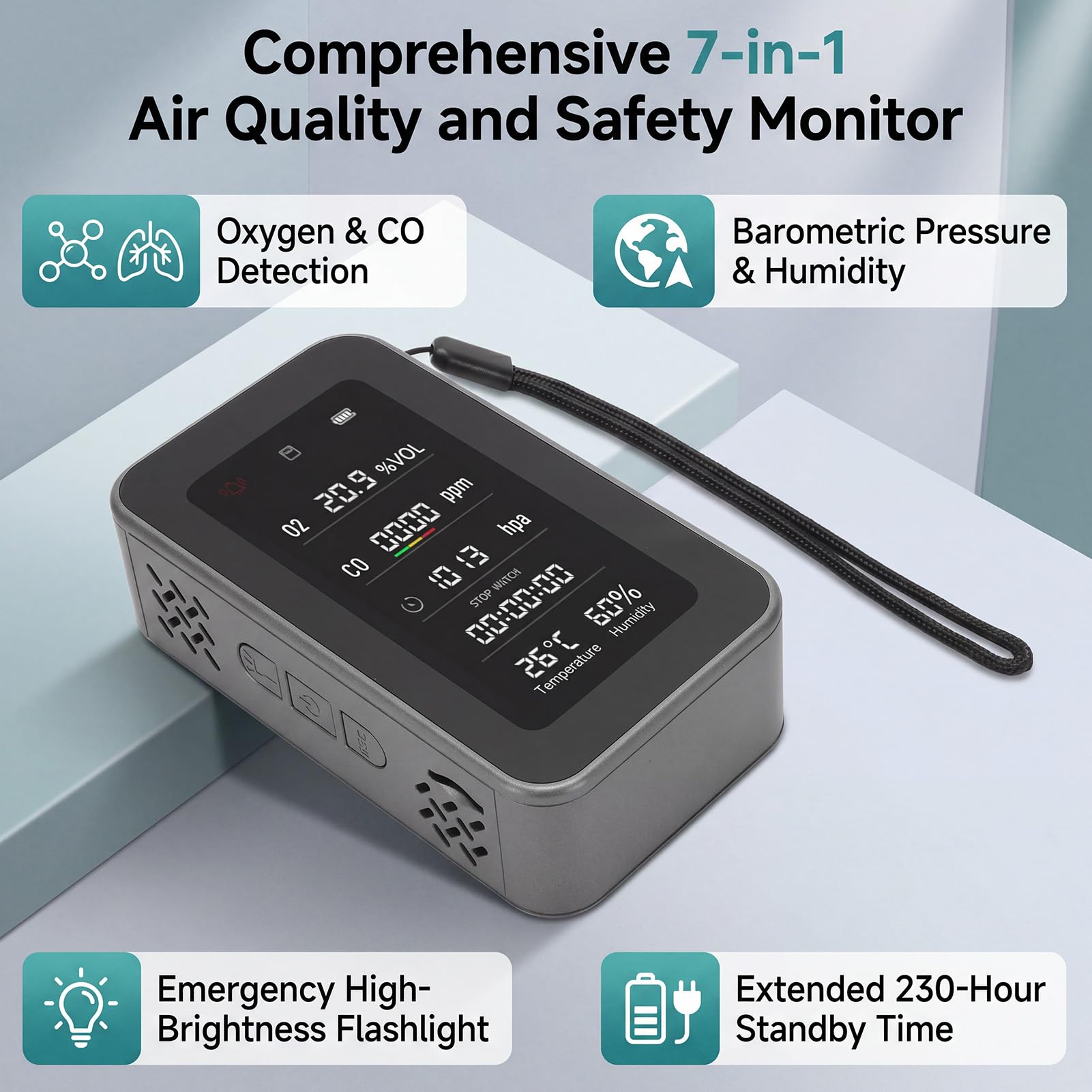 Fafeicy Rilevatore di qualità Dell'aria, Tester Esterno Portatile con Torcia di Emergenza e Allarme di Rilevamento di Ossigeno, Display di Pressione di umidità e Temperatura, Grigio