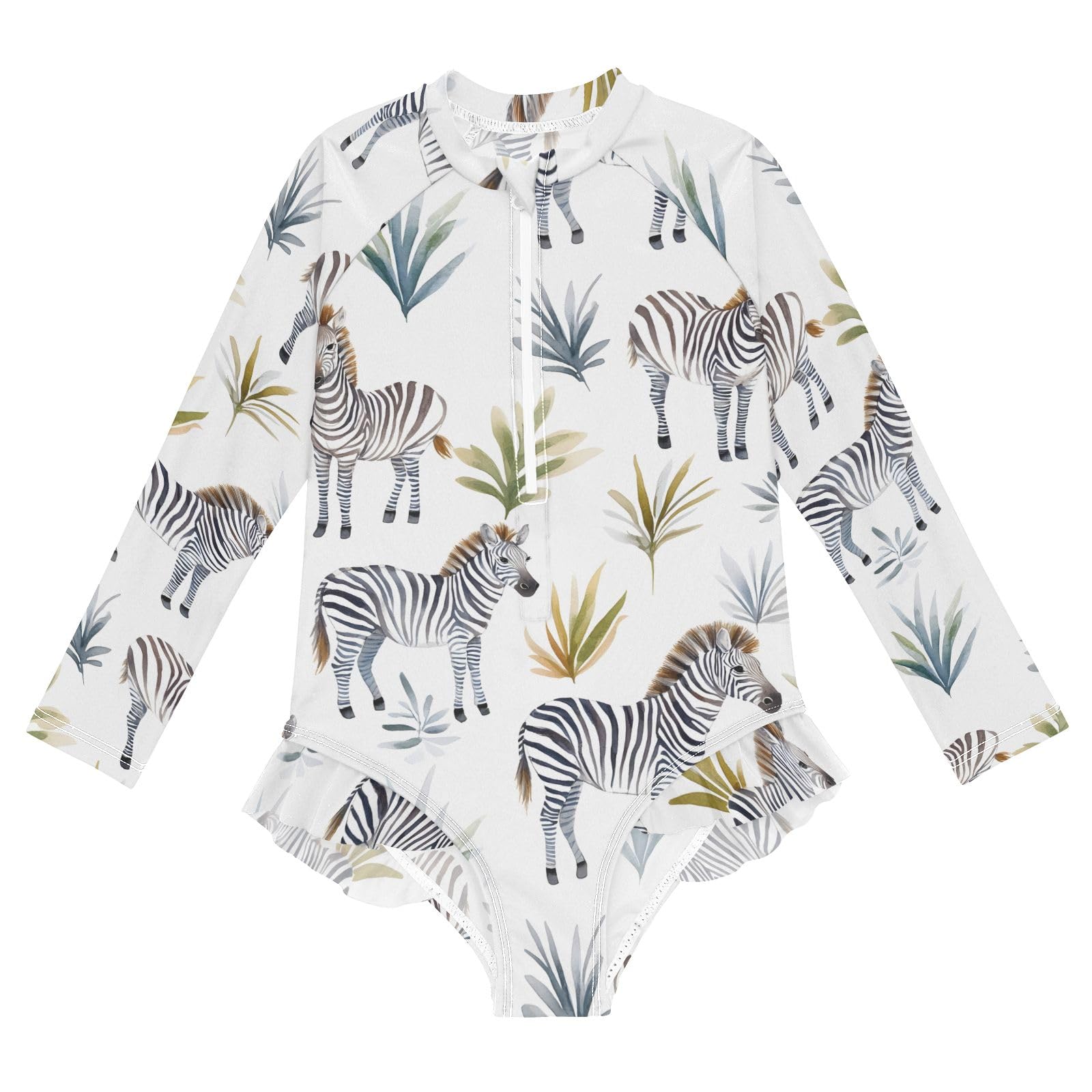 ALAZA Swimsuit for Girls Long Sleeve Rashguard Bathing Suit Zebra Leaf Quick Dry 4T