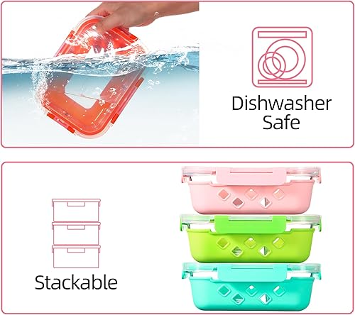 Miniatura 4 de Paquete de 5 recipientes de vidrio para preparación de comidas, 3 compartimentos con tapas, recipientes de almacenamiento de vidrio divididos con