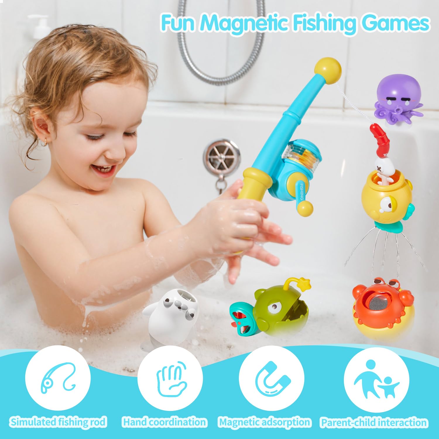 Bath Toys for Kids Ages 1-3 - Water Table Toys Set Magnetic Fishing Toy with Fishing Rod, Spinning Octopus & 2 Balls, Fishing net and Storage Bag, Fishing Games Water Pool Toys for Toddlers 1-3