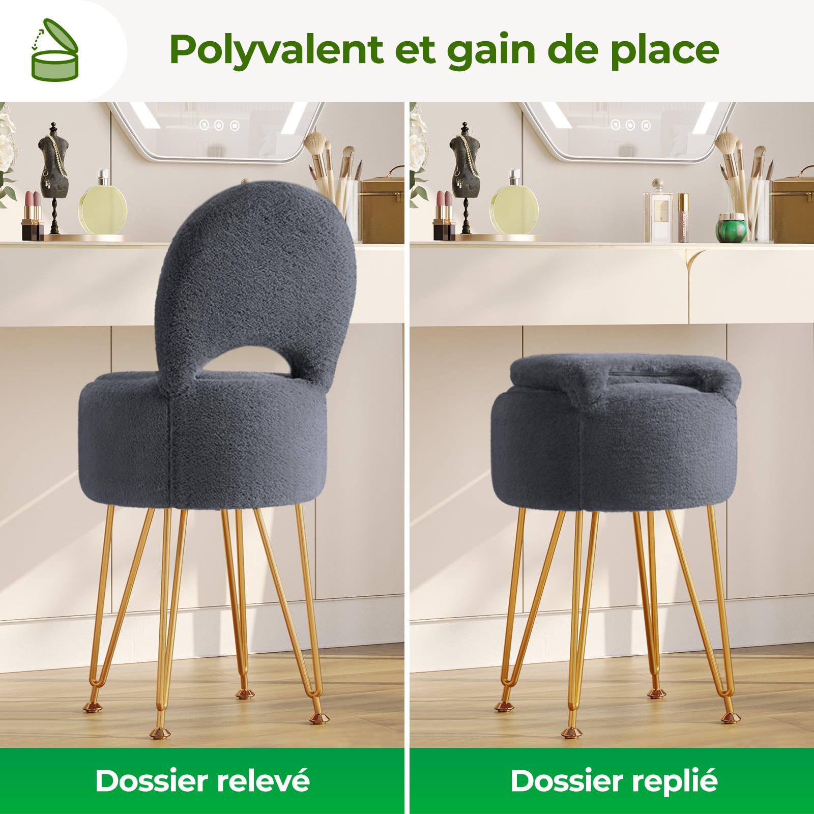 Rolanstar Tabouret de Coiffeuse en Velours avec Rangement Caché – Dossier Pliable Transformable en Repose-Pieds – Pouf de Maquillage Confortable pour Chambre ou Bureau (Gris, Grand)