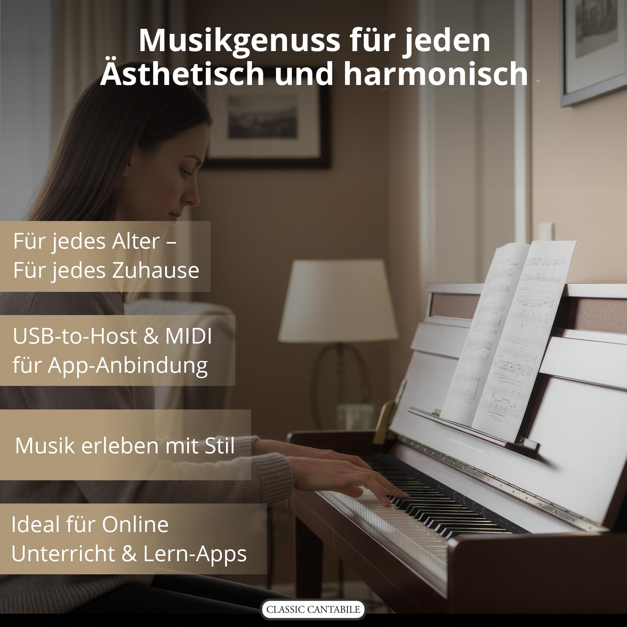 Classic Cantabile UP-1 OM Upright E-Piano - 88 gewichtete Tasten mit Graded Hammer Tastatur, Ivory Touch, 256 Polyphonie, 40 Sounds, OLED Display, 3 Pedale, USB MP3 Recorder - Okoume