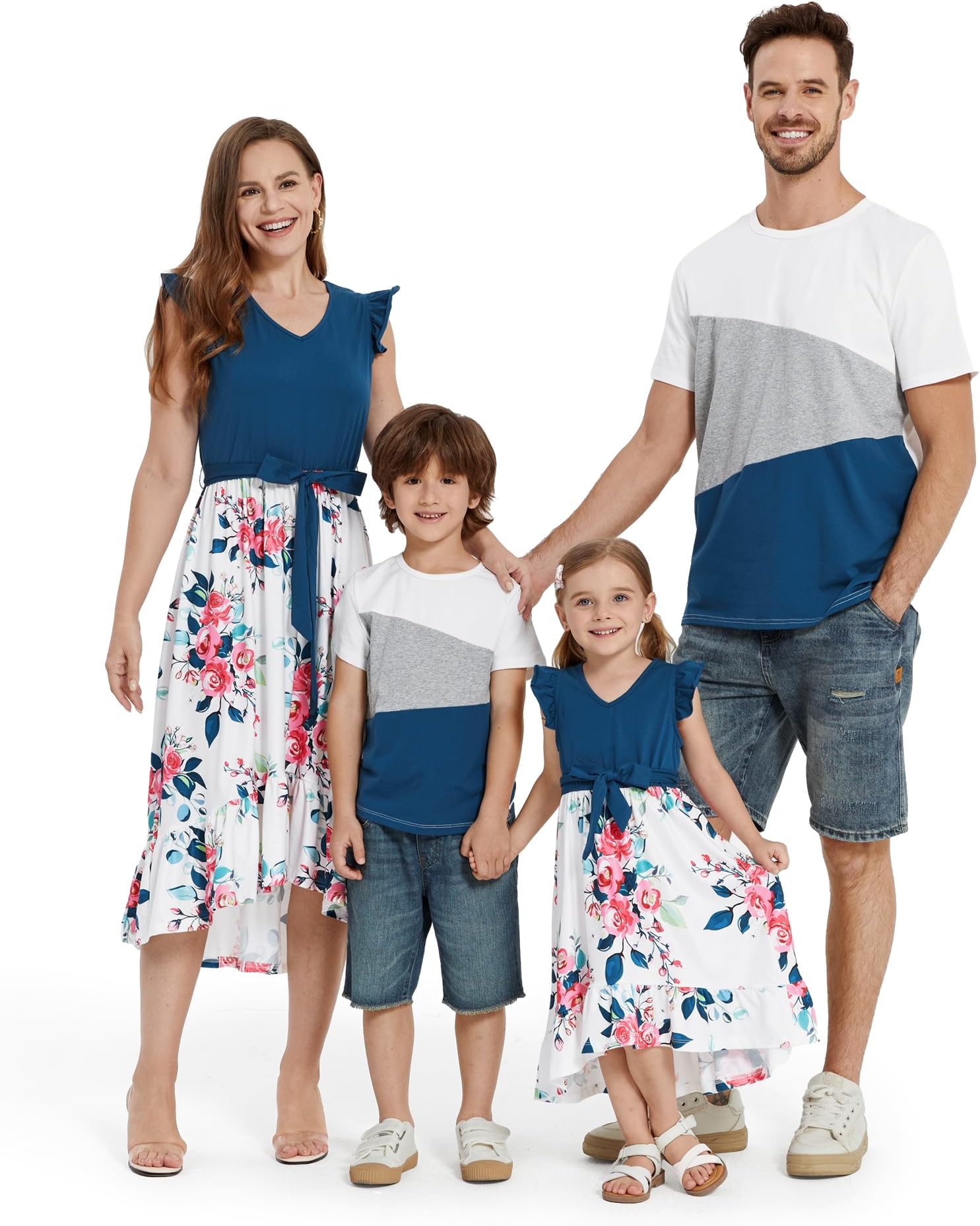 Family Matching Outfits Summer Flutter Sleeve Mommy and Me Dresses and T-Shirts Sets Holiday Casual Family Outfits