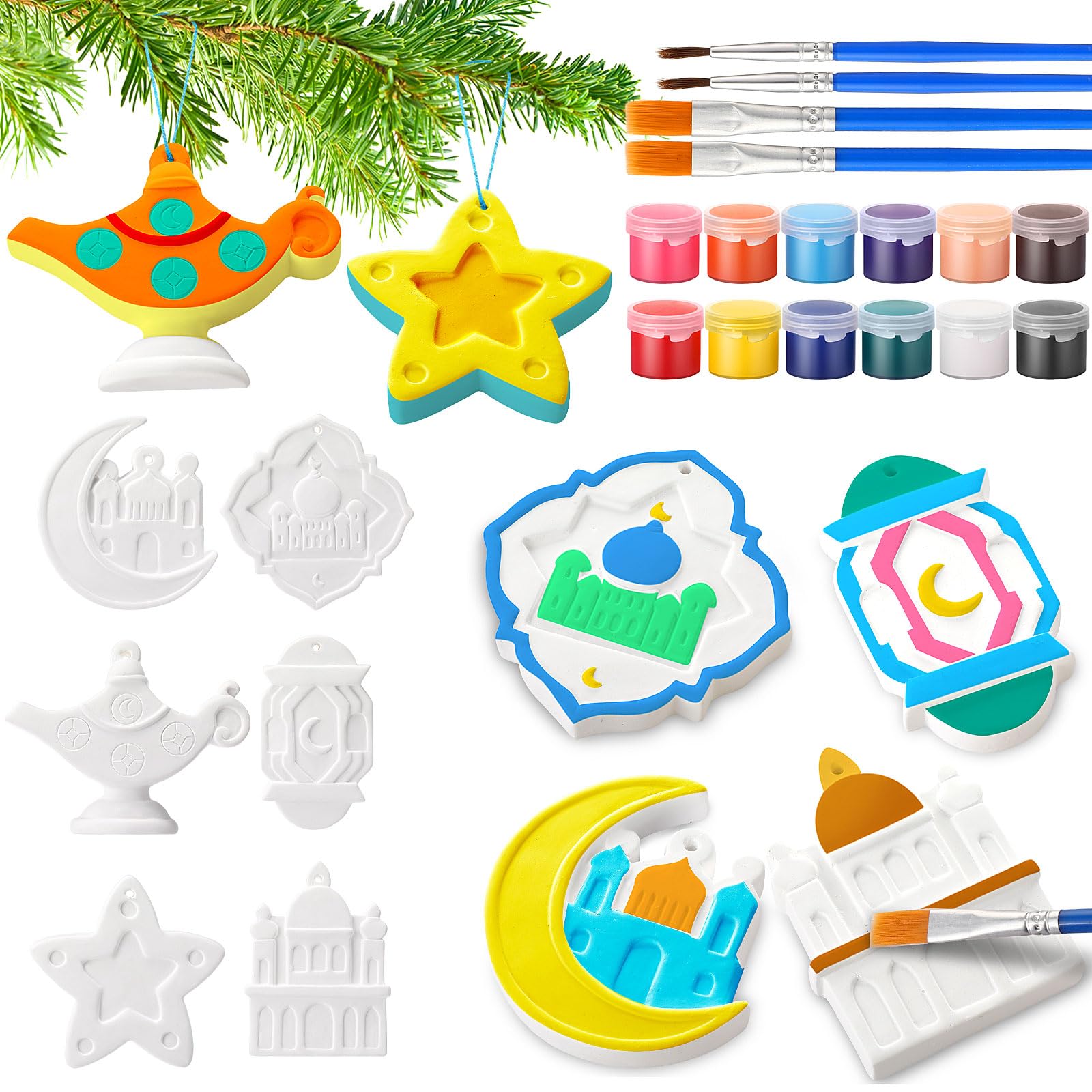 40 Pcs Ramadan Mubarak DIY Eid Festival Gift Arts and Crafts Painting Kit Decoration Include Paint Own Large Plaster Stones with Paint Brushes, Plaster Paint Kit for Eid Holiday Activity Gift