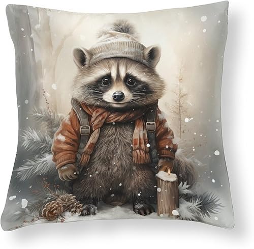 HighonHi Fundas de almohada decorativas de 26 x 26 pulgadas, lindas fundas de cojín de satén de dibujos animados de mapache de Navidad, nieve e