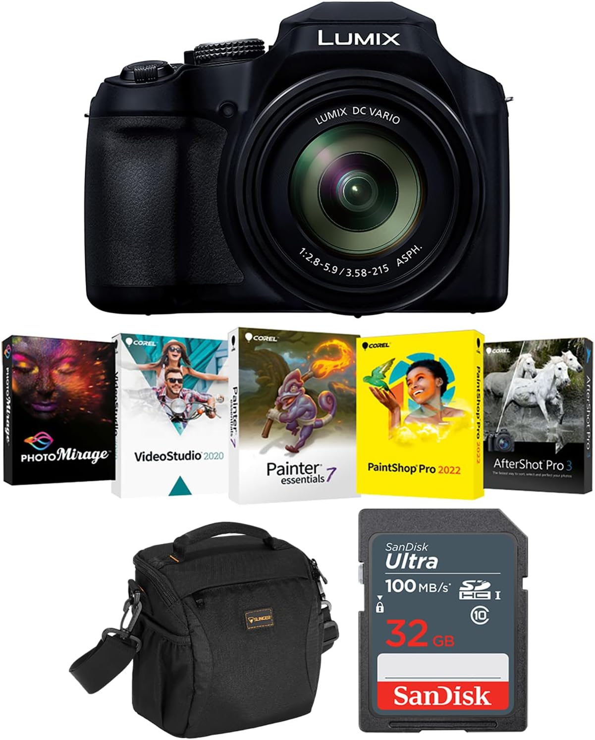 LUMIX FZ80D 18.1MP Digital Camera | 4K Video, 60x Optical Zoom Point & Shoot | Bundle w/ 32GB SD Card, Shoulder Bag, Software Kit | Panasonic 1-Year Limited Warranty