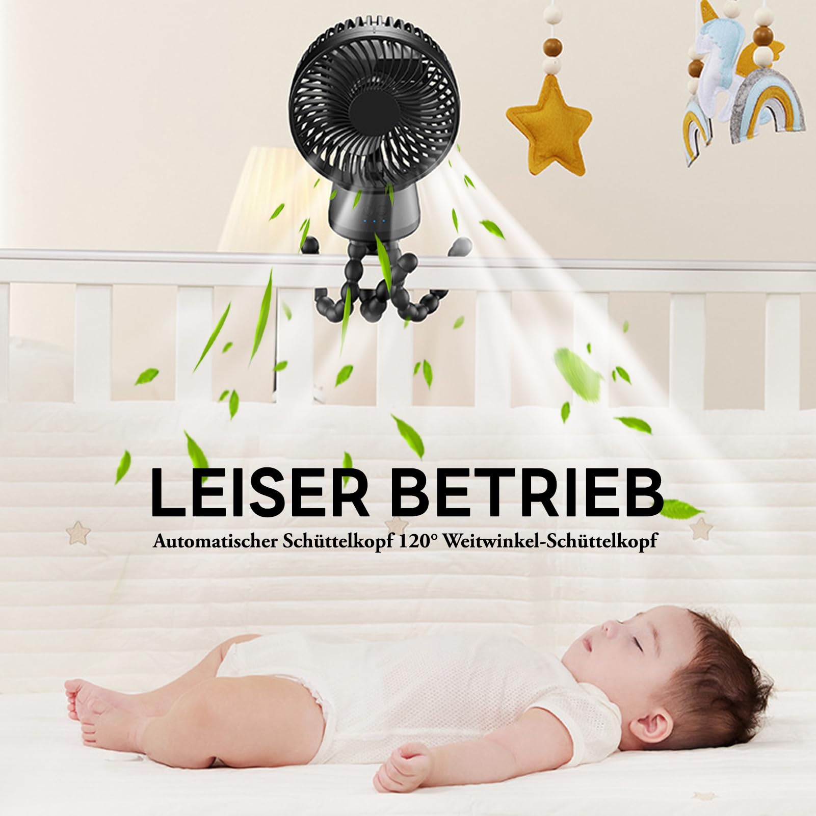 10000 mAh Ventilatore Passeggino, Oscillazione Automatica | Ventilatore Portatile Passeggino con Luce Notturna,3 Velocità,Treppiede Flessibile,Ventilatore Silenzioso,Nero