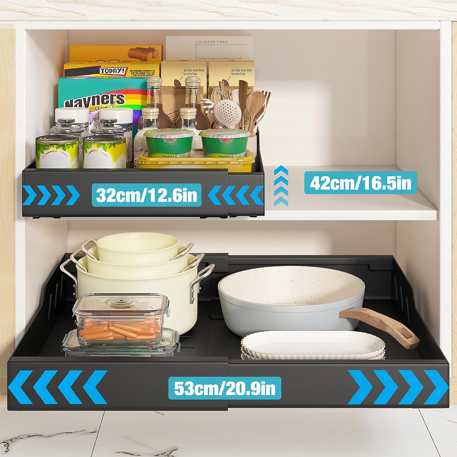 2 Pieces Extendable Kitchen Drawer, Telescopic Drawer, Adjustable Width 32-53 cm, Metal Cupboard Drawer Organiser, Bathroom & Living Room, Adhesive Tape/Screws Assembly, Black image 2