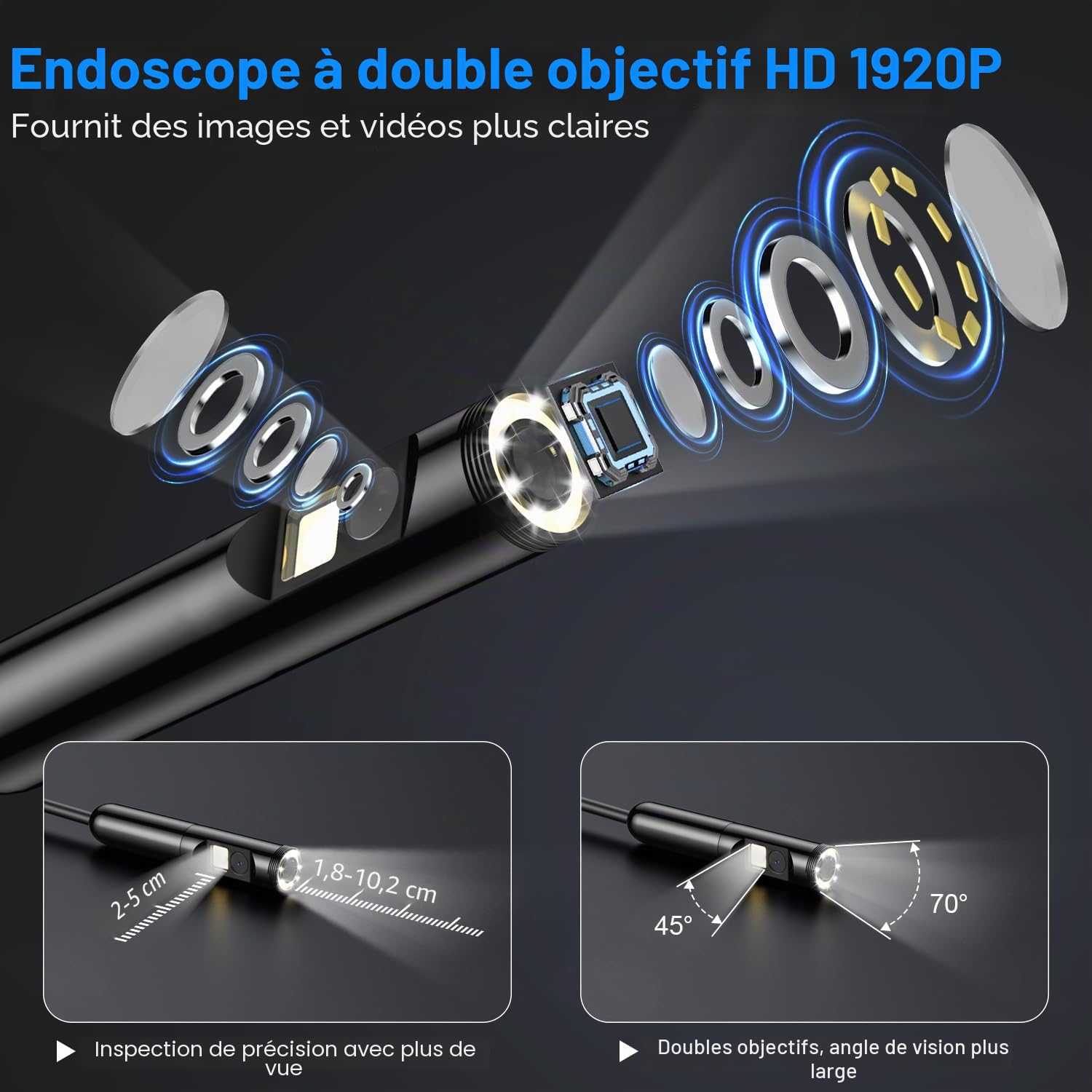Caméra d'inspection endoscopique, câble serpentin Semi-Rigide, Double Objectif HD 1920p, avec éclairage 8+1 LED réglables (Dual Lens-3M)