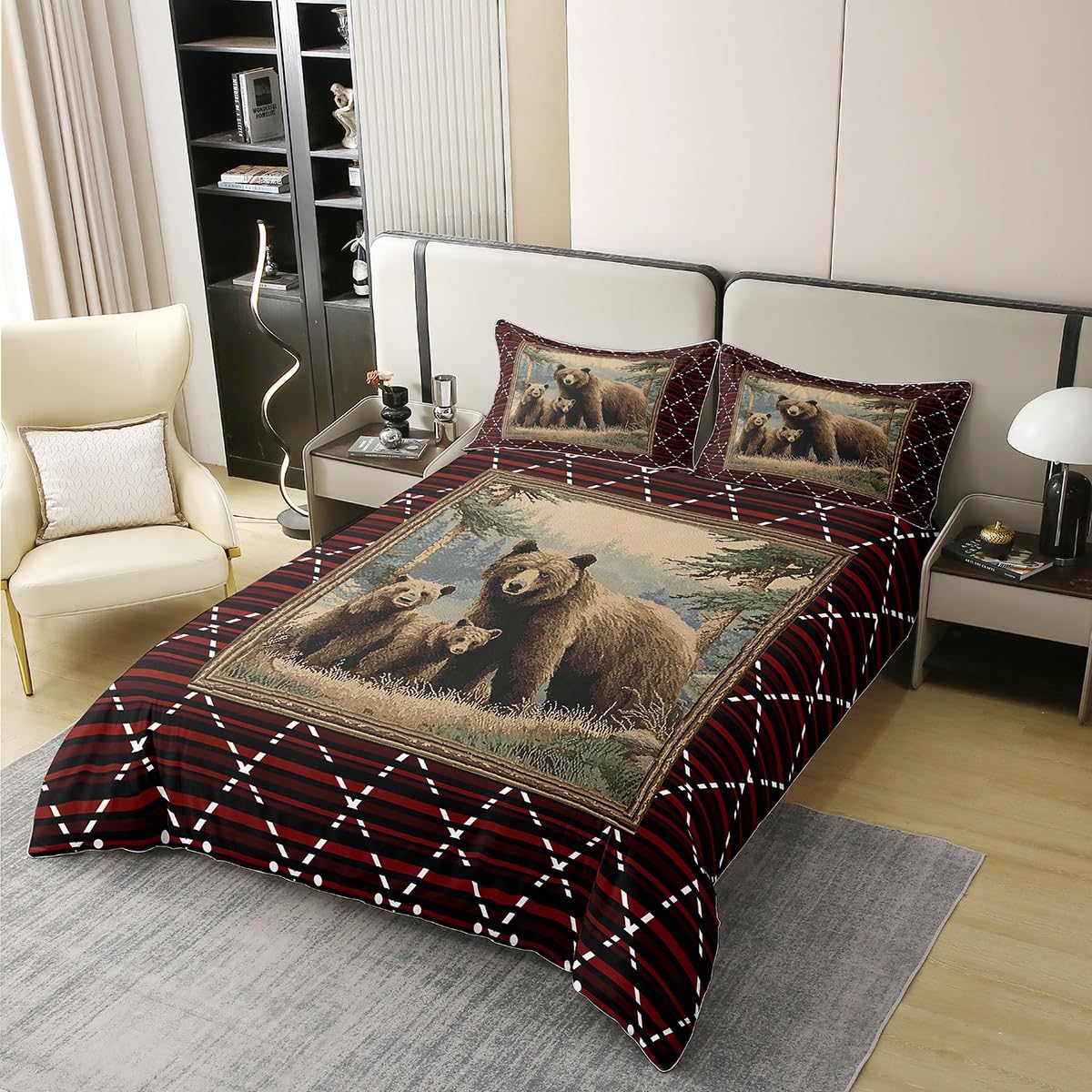 Homewish Jagd Bärenmuster Baumwollbettwäsche 135x200 Rustikale Hütte Abenteuer Bettbezug Jugendliche Land Bauernhaus Bettwäsche Geometrischer Diamant Bedding Wohndekor 2 Teilig