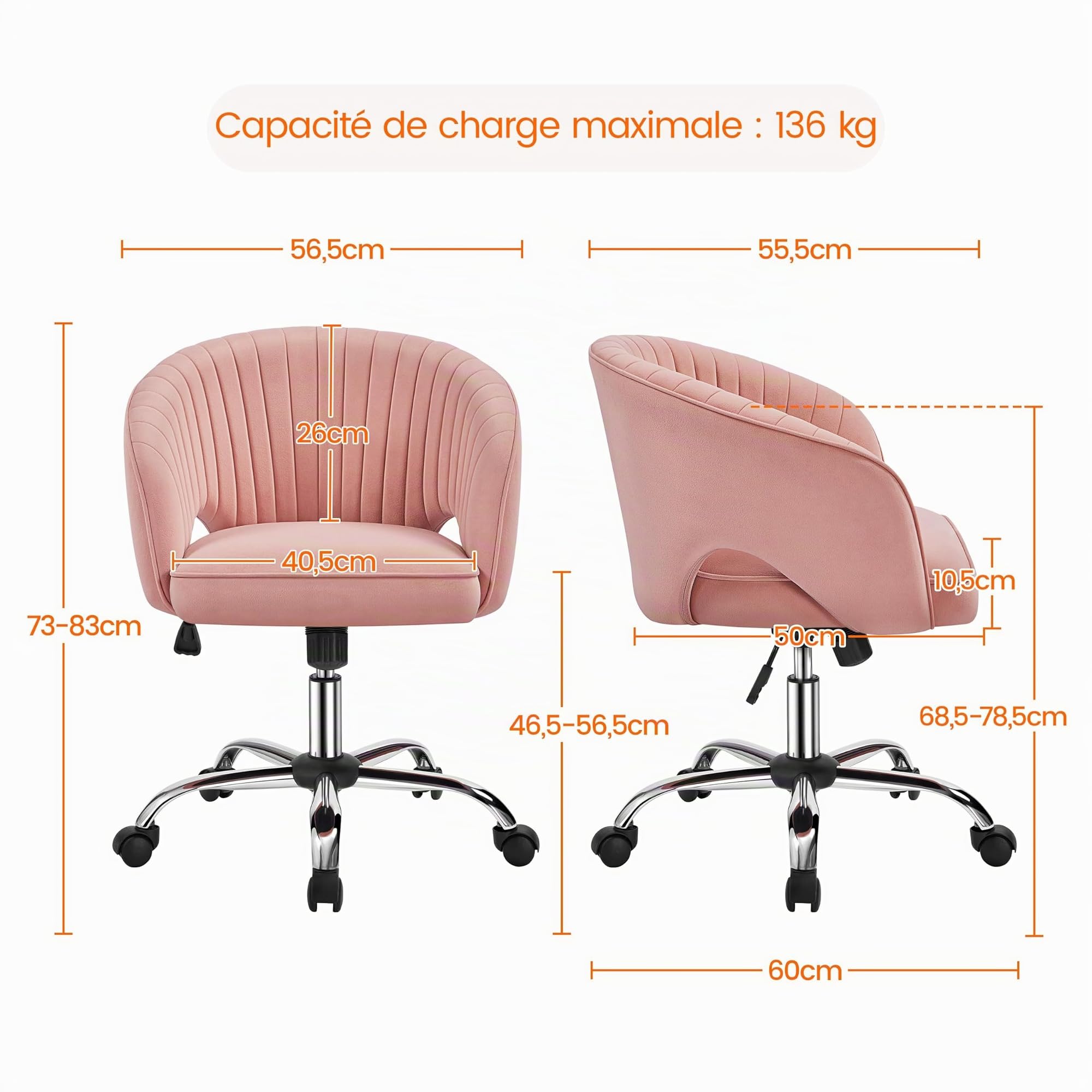 Abician Fauteuil d'ordinateur en Velours à roulettes avec Dossier Capitonné Arrondi Assise Réglable en Hauteur pour Salon Chambre Bureau Rose