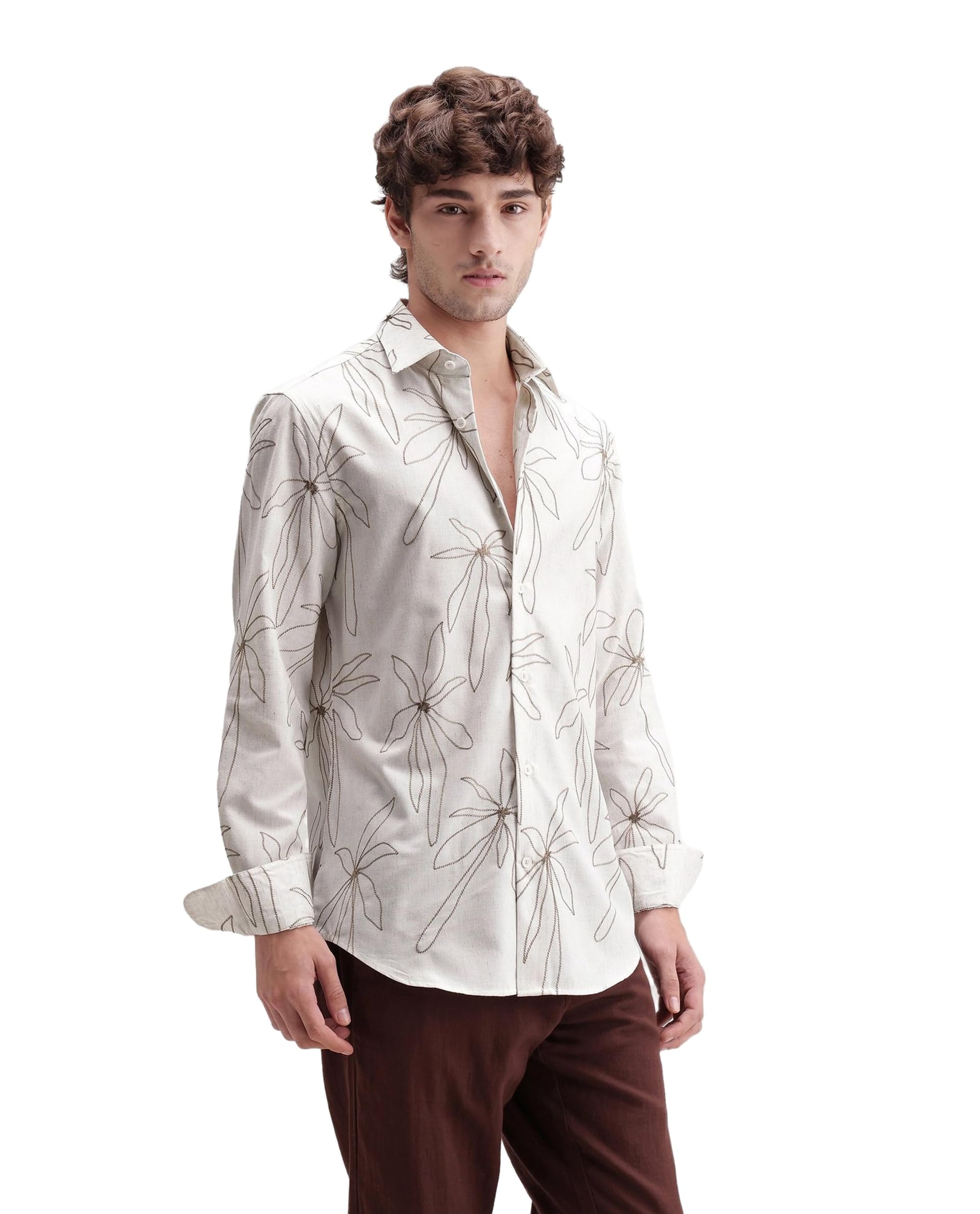rare rabbit Men Regular Floral Off White Linen Blend Button-Down Long Sleeve Shirt-picture-13
