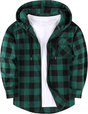 Flannel Shirt for Men Lightweight Casual Zip Up Plaid Hoodie Long Sleeve Plaid Shirts with Pocket
