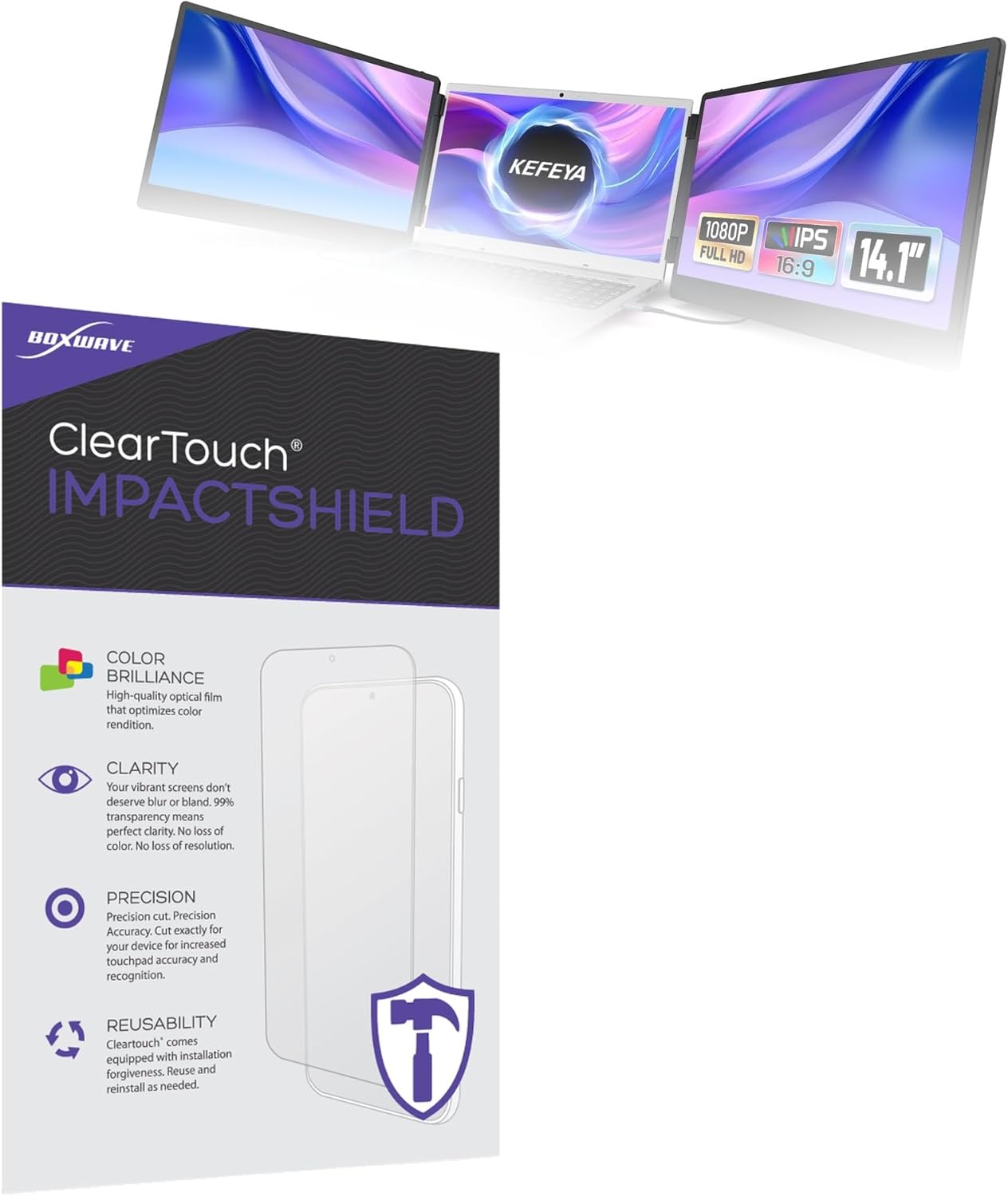 BoxWave Screen Protector Compatible with Kefeya S3 Triple Laptop Screen Extender (14 in) - ClearTouch ImpactShield (2-Pack), Impenetrable Screen Protector Flexible Film