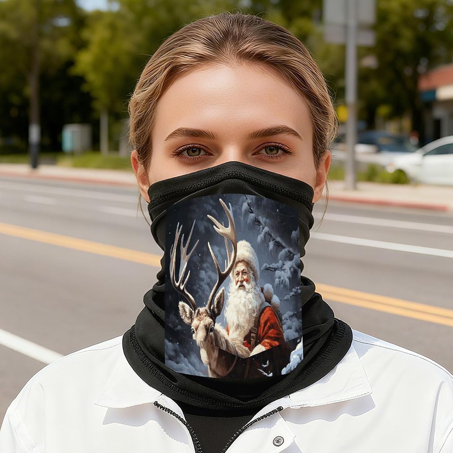 Santa Claus and Deer Elk Face Mask for Men Women,Neck Gaiter Sunscreen Breathable,Face Cover for Skiing Fishing Hiking Cycling