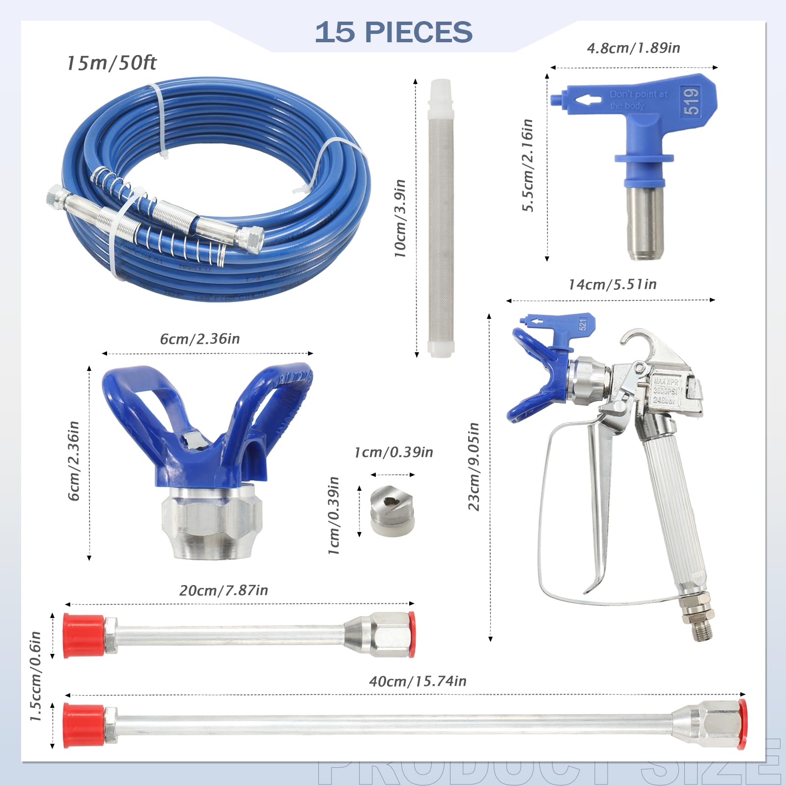 Airless Farbpistolen-Set, Airless Lackierpistole Hochdruck-Lackierpistole Kit 3600 PSI mit Hochdruckschlauch 15 m, Verlängerungsstange, Sprühdüse, 60 Mesh Filter Elemente, für Gebäude Zäune