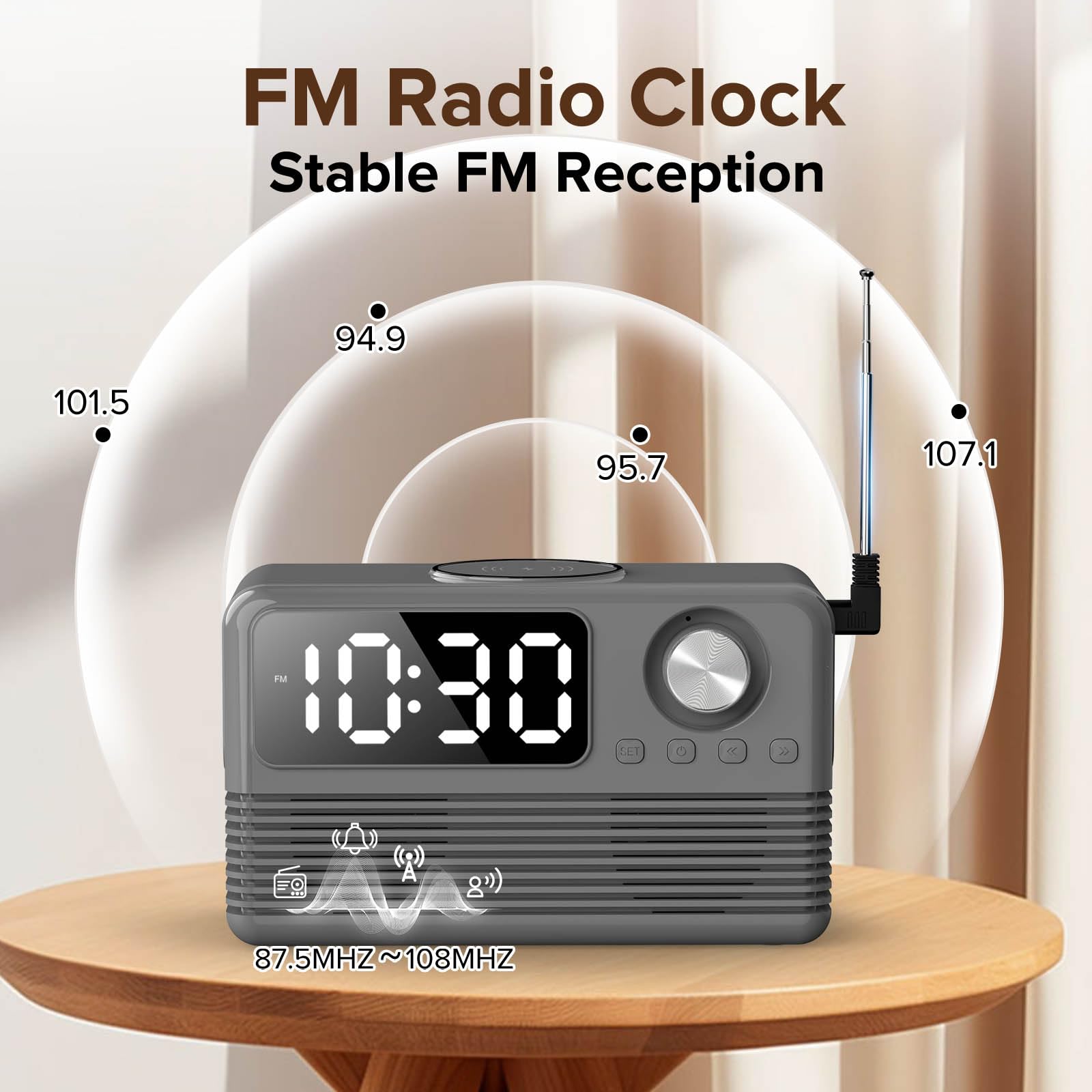 Chargeur sans fil rapide 15 W avec haut-parleur Bluetooth et radio réveil, station de charge sans fil 4 en 1 pour iPhone, téléphones Android avec radio FM pour chambre