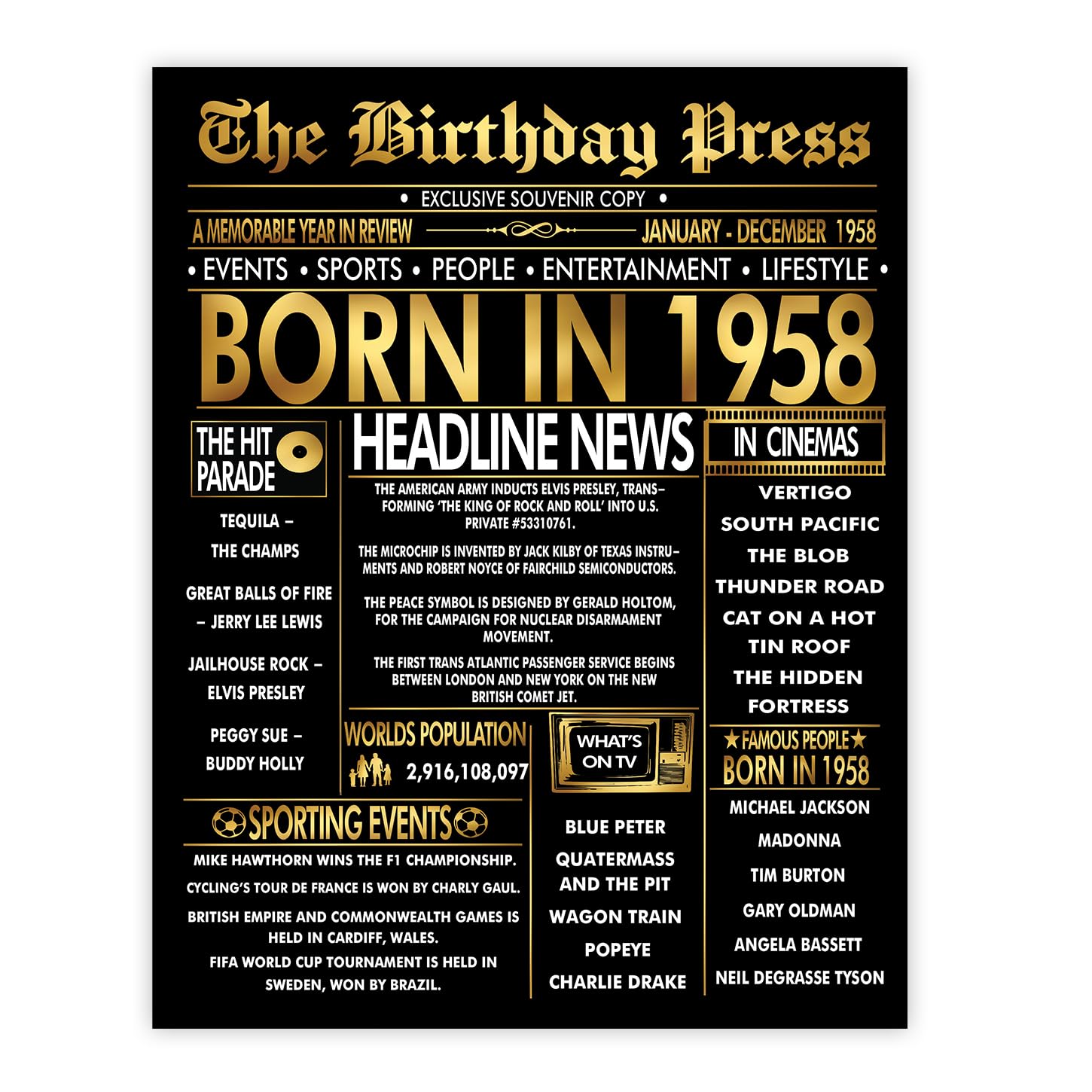 Stuff4 Gold 68th Birthday Poster Unframed - Golden Born In 1958 Newspaper - Happy 68 Birthday for Men Women Retro Vintage Gifts Back In 1958, 8x10 Inch Bday Party Decor Decoration