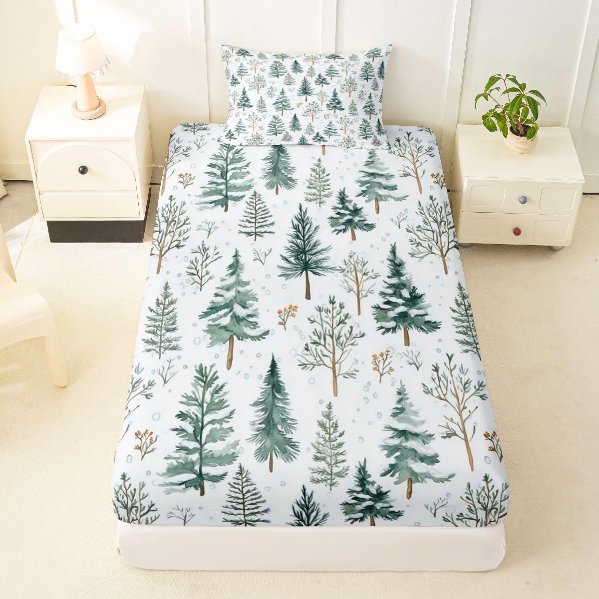 Northern Cardinal Kids Fitted Sheet for Kids Twin Size,Rural Wooden Cabin Bedding Sets 2Pcs Teens Room Decor Red Berry Holly Leaf Bed Sheet No Flat,Winter Snow Scenery Deep Pocket Sheet,1 Pillowcase