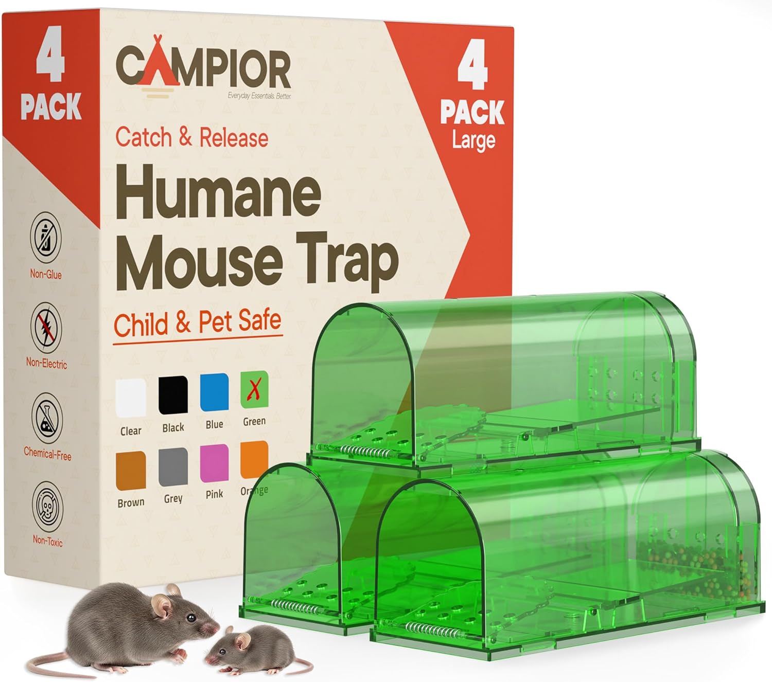 Campior Humane Mouse Trap Pack of 4, Live Mouse Traps Catch and Release for Indoors & Outdoors, Pet & Child Safe, 7.87" Reusable Plastic Mouse Cage with Spring Door, Cleaning Brush Included, Green