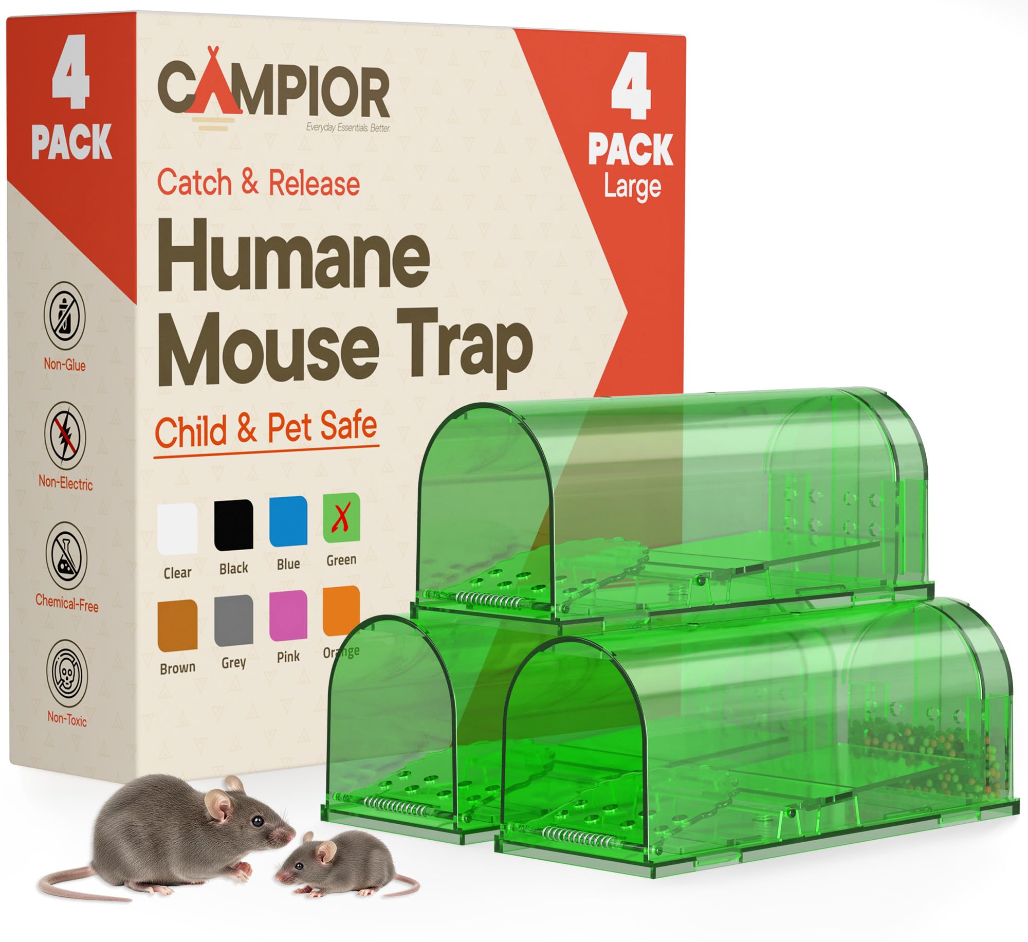 Campior Humane Mouse Trap for House – Large Size, No-Kill Mouse Traps Indoor for Home, Catch-and-Release Rat and Mouse Trap, Child & Pet Safe, Easy to Clean, No-Touch Release, Pack of 4, Green-image-10