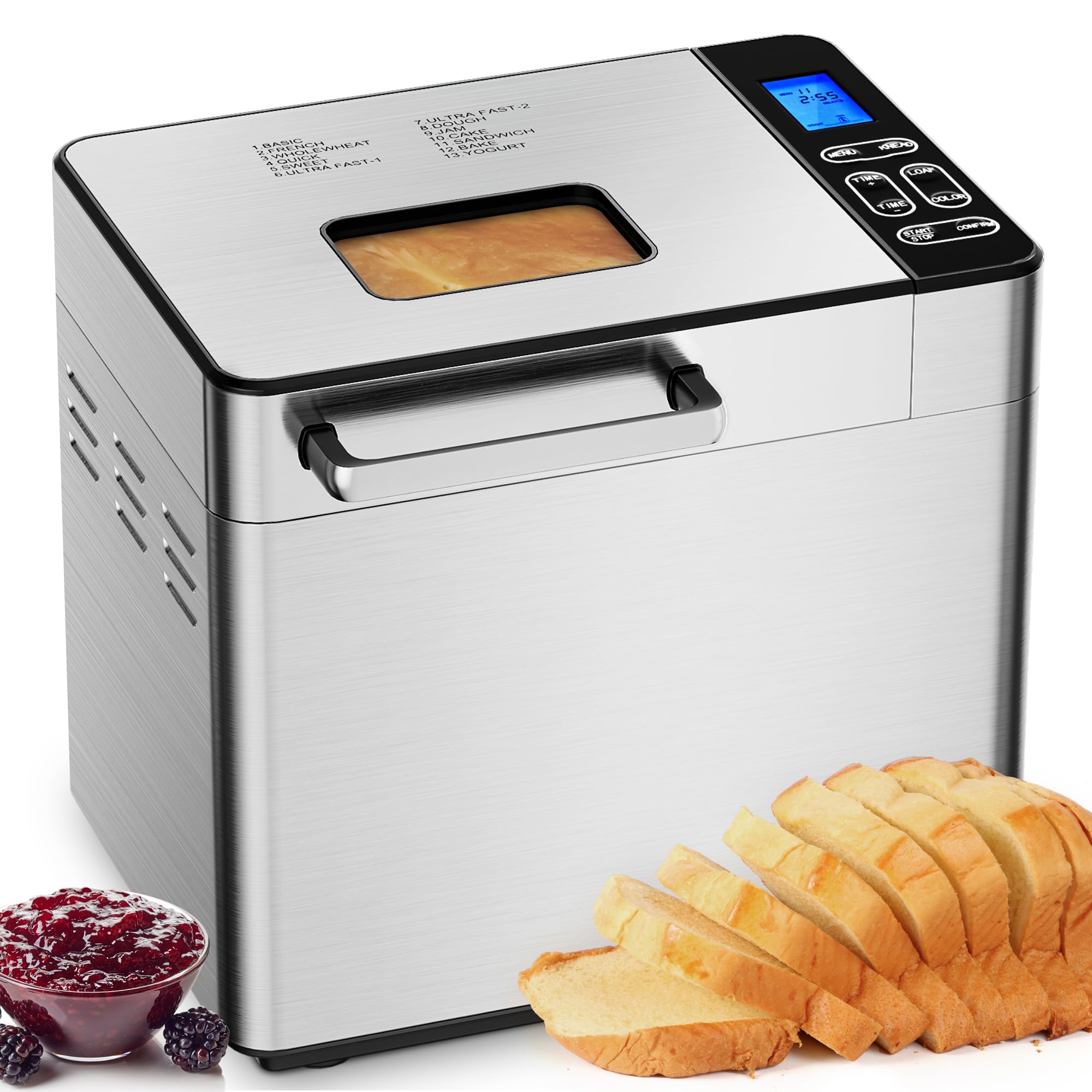 EUHOMY Bread Maker Machine 13-in-1 Bread Machine, Dough Maker, Auto Nut Dispenser & Ceramic Pan, 2LB and 3 Loaf Sizes & 3 Crust Colors, 650W Bread Machine with Keep Warm Set, Whole Wheat