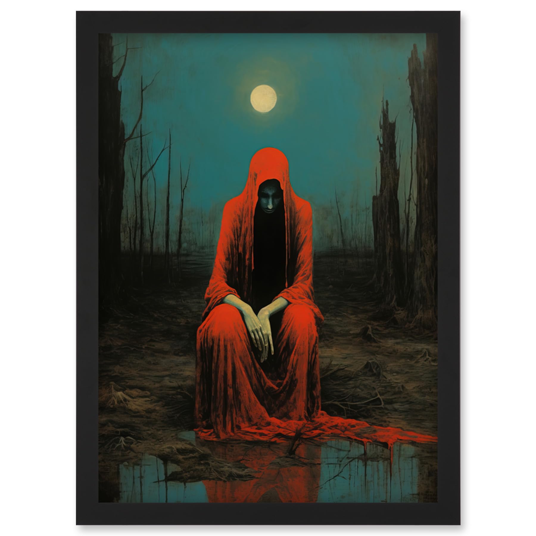 Artery8 Charon in Red Cloak Beksinski Inspired Conceptual Artwork Full Moon Barren Landscape Artwork Framed Wall Art Print A4