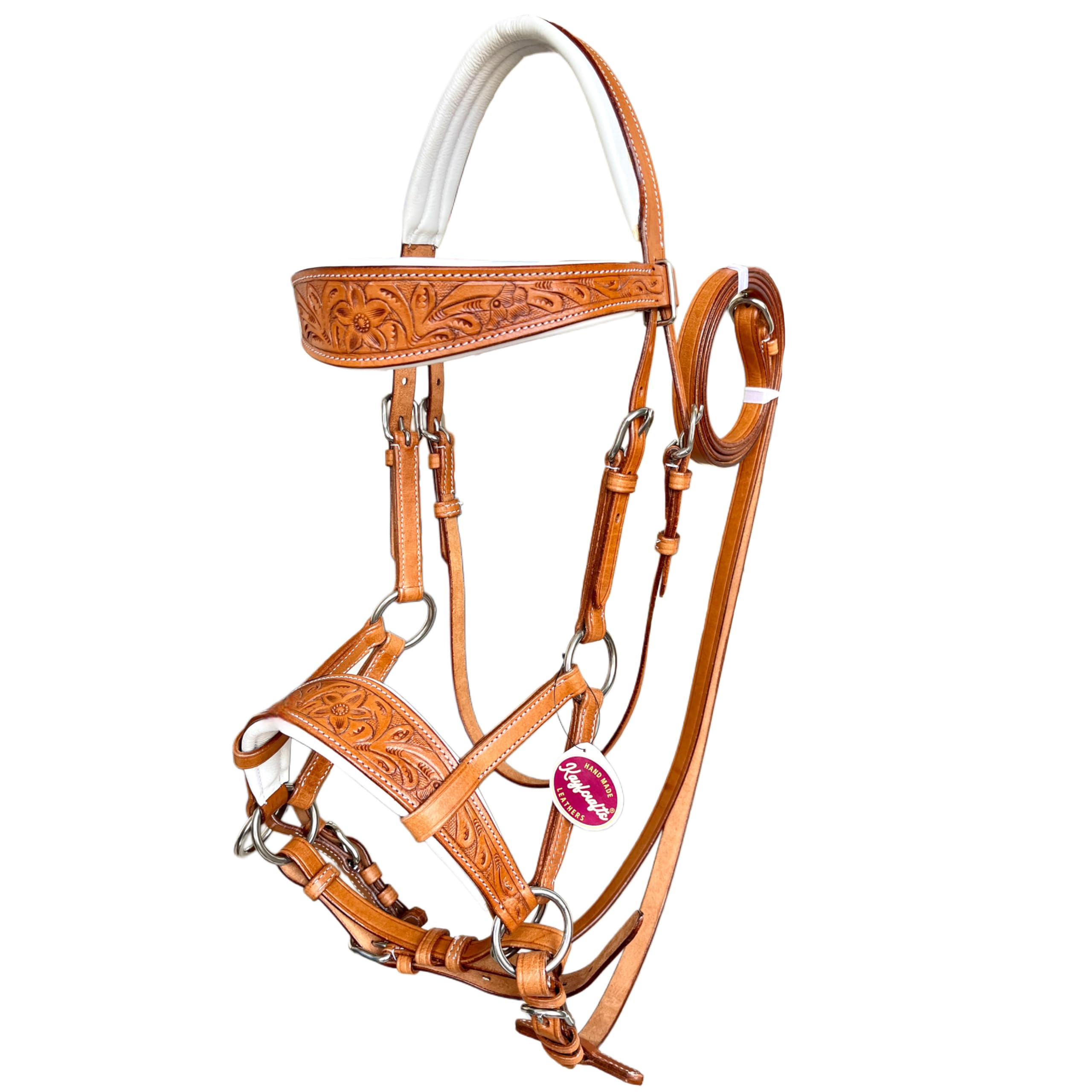 Brida lateral de cuero sin puntas con herramientas y tallado florales, acolchado de cuero suave de vaca, brida de tachuelas para caballos