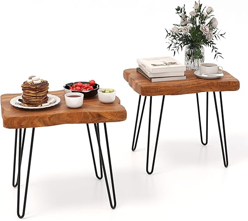 GOFLAME Juego de 2 mesas auxiliares rectangulares para interiores y exteriores, con parte superior de madera de teca maciza y patas de metal, mesa