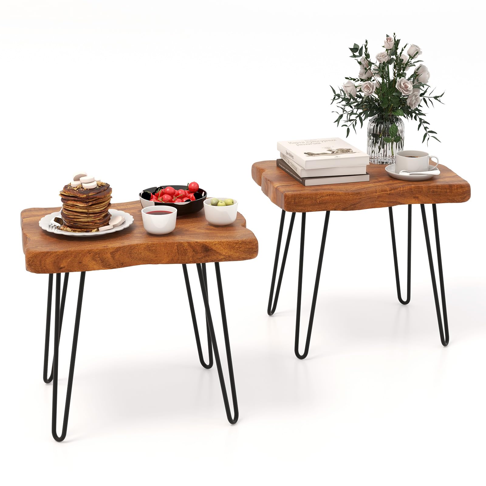 GOFLAMERectangular Side Table Set of 2, Indoor Outdoor End Table with Solid Teak Wood Top and Metal Legs, Patio Table, Home Accent Table, Small Coffee Table for Living Room, Bedroom, Backyard