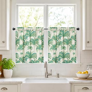 VOGOL Green Tropical Leaf Print Tier Curtains, 30 x 36 Inches Linen Textured Drapes for Kitchen Bathroom Cafe Small Windows, Country Style Window Treatment, 2 Pieces