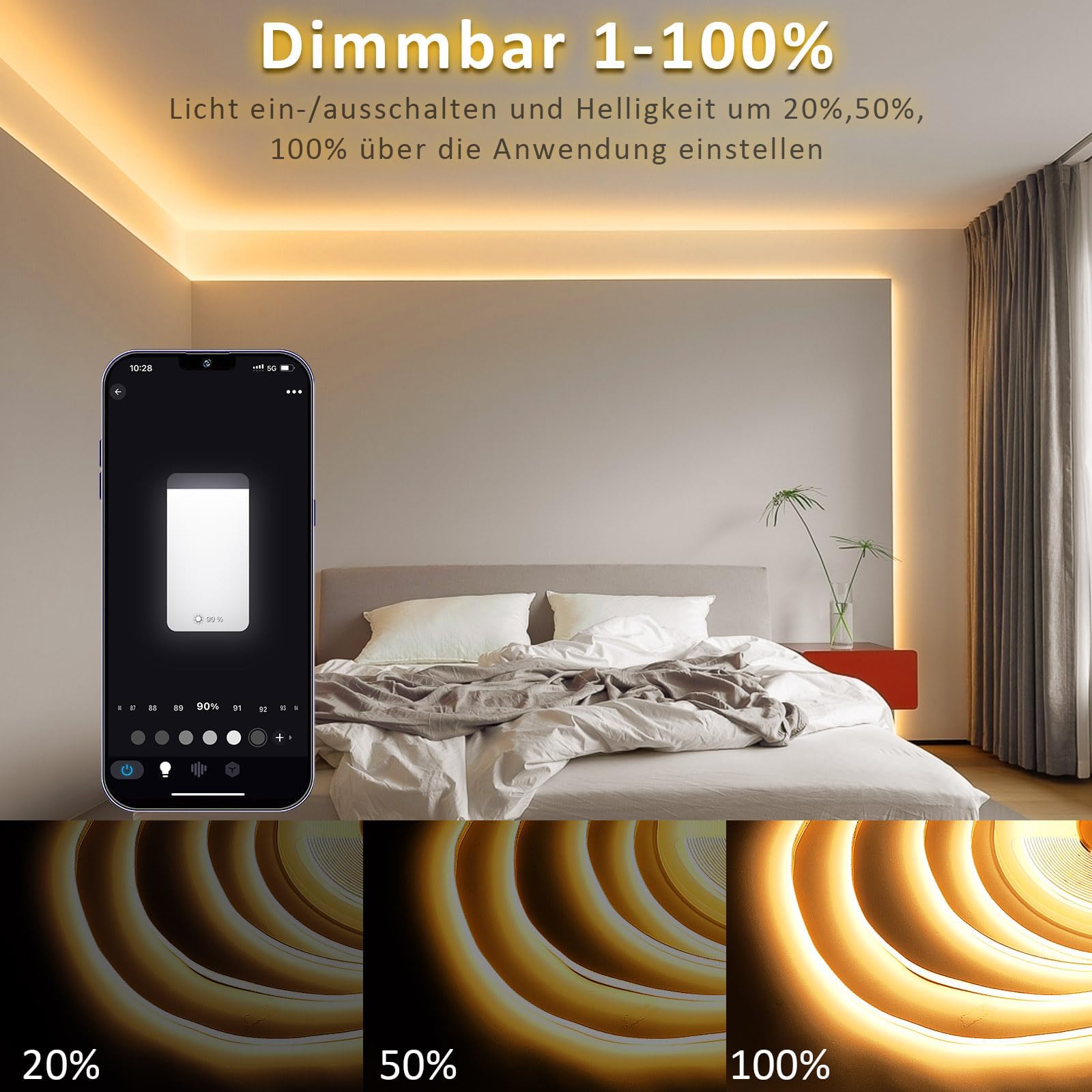 10m COB LED Streifen Warmweiß (2700K) – Inkl. Netzteil & RF Fernbedienung, Dimmbar, Für Schlafzimmer, Küche, Deko