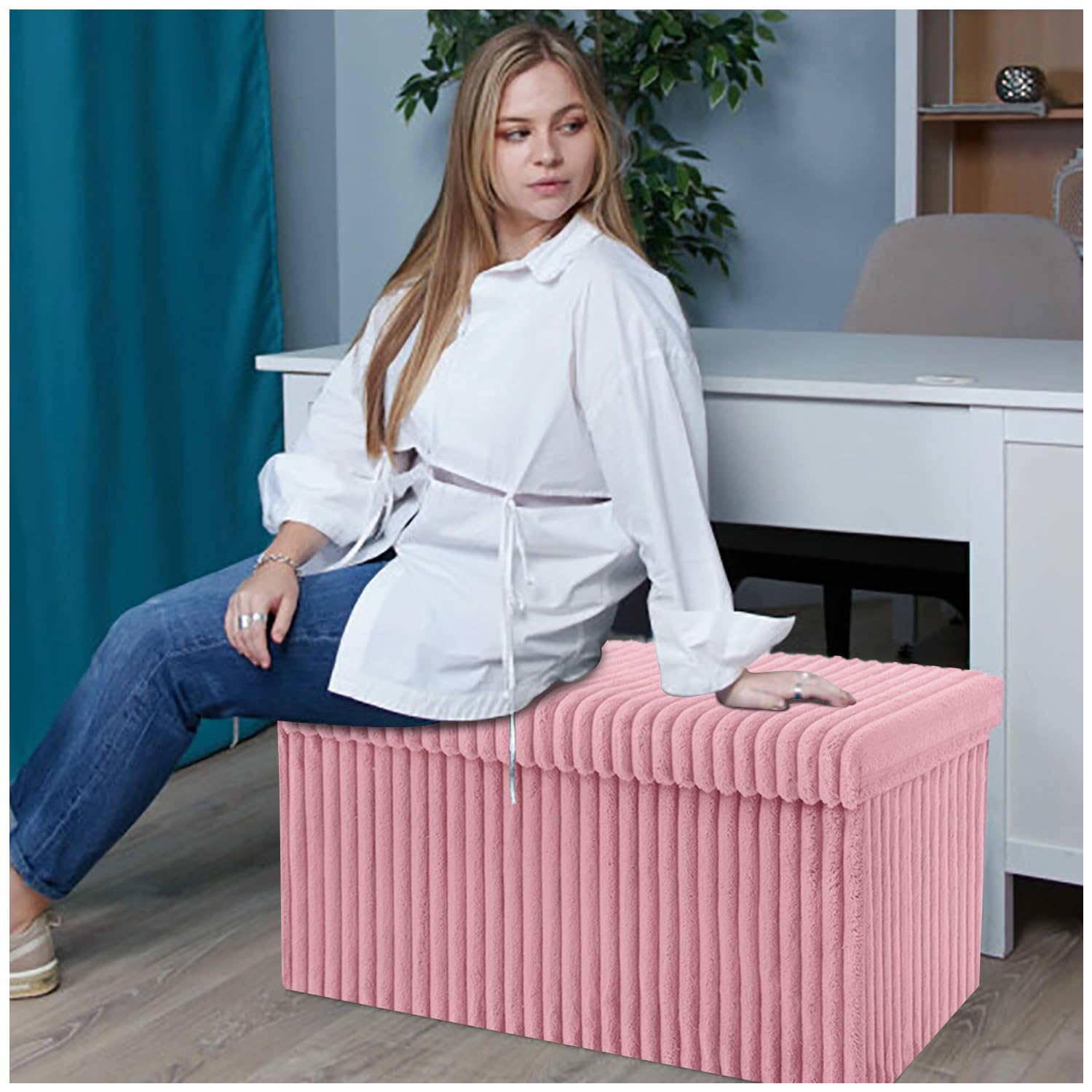 GC GAVENO CAVAILIA Large Storage Box with Lid | Ottoman Decorative Storage Footstool | Rectangle Box for Bedroom, Hallway | Toys and Clothes Blanket Storage Bench (76x35x35 cm) - Pink