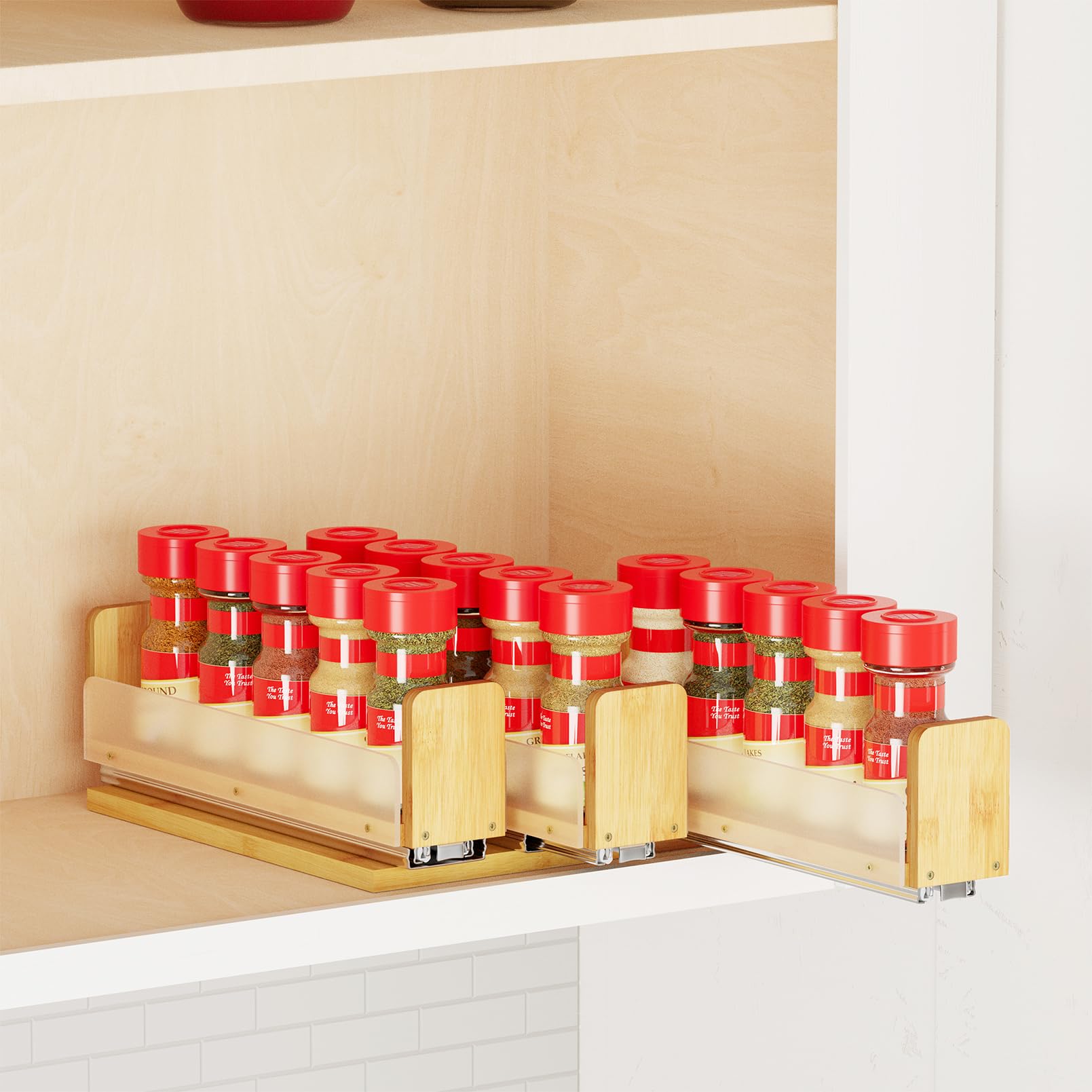 Photo 1 of SpaceAid Bamboo Pull Out Spice Rack Organizer - 7.6" Wide, 3 Drawers, 1-Tier