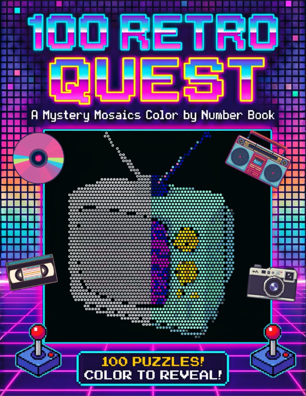 Retro Quest Mystery Mosaics Color by Number: 100 Nostalgic 90s Hidden Pictures with 5 Grid Shapes on Bold Black Backgrounds