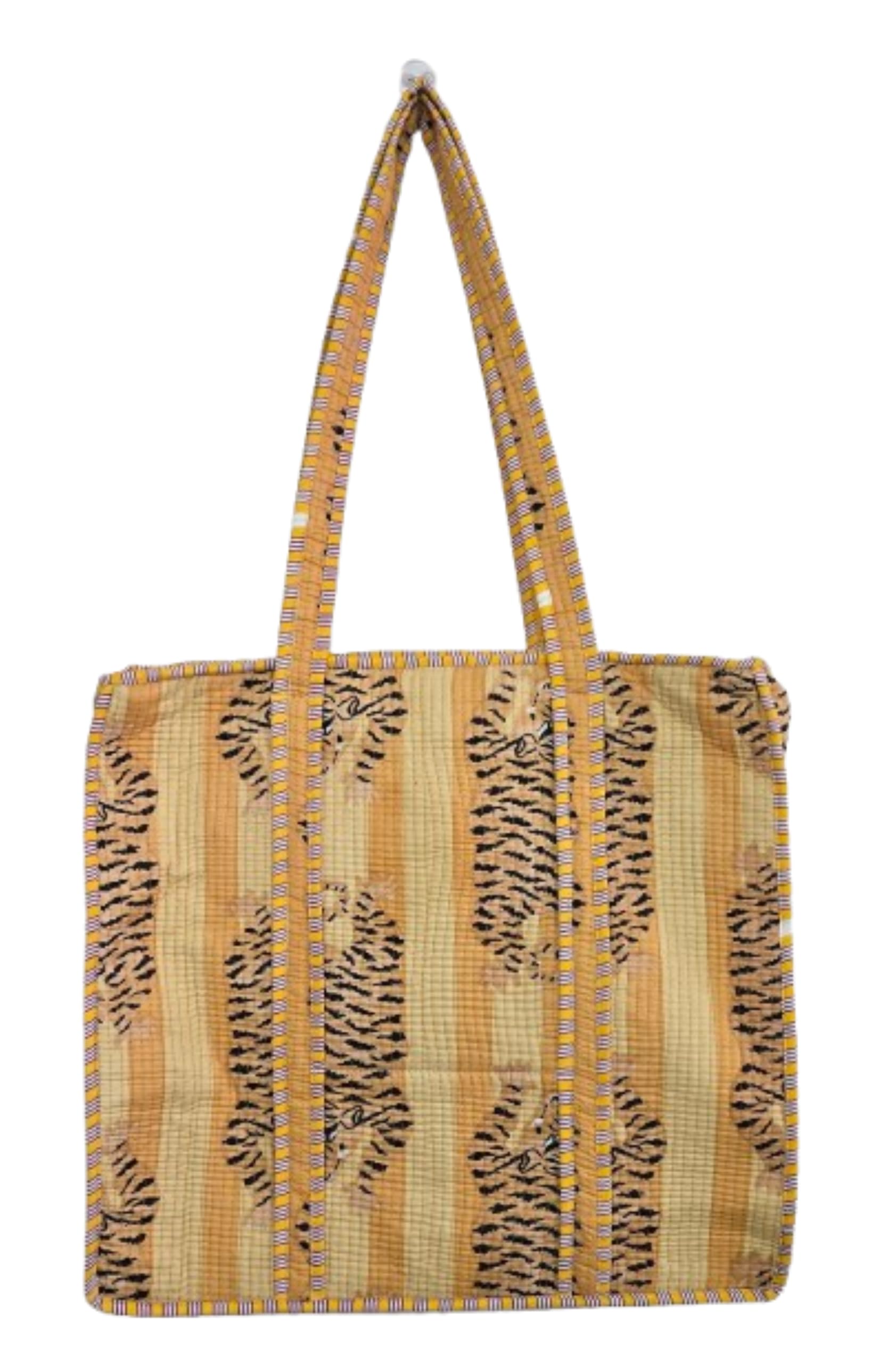 Aashita Creations Quilted Cotton Tote Bag, Printed Shoulder Bag, Shopping Grocery Stylish Tote Bags (Mustard Tiger Print)