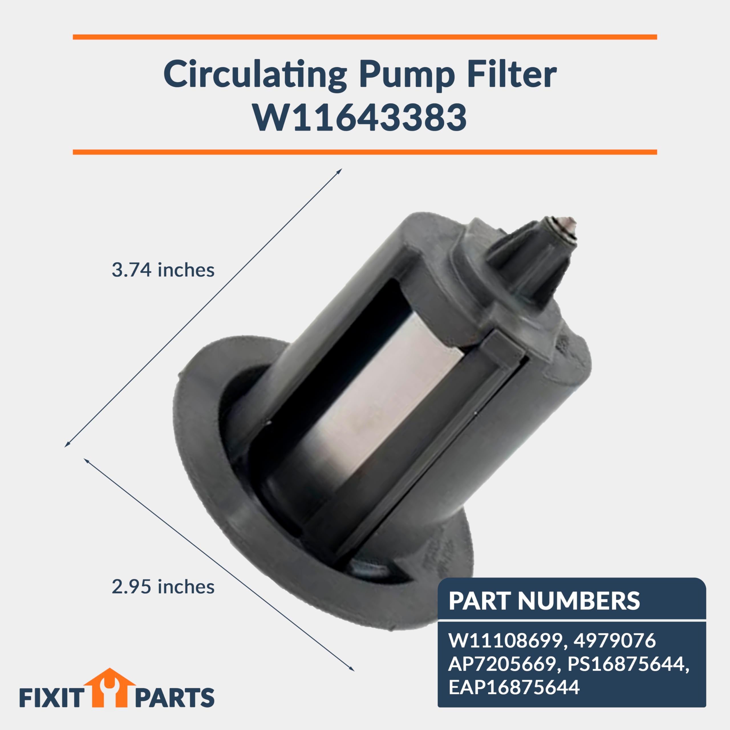 W11643383 - Filtro de bomba de circulación para lavavajillas que sustituye a W11108699 funciona con Whirlpool, Maytag